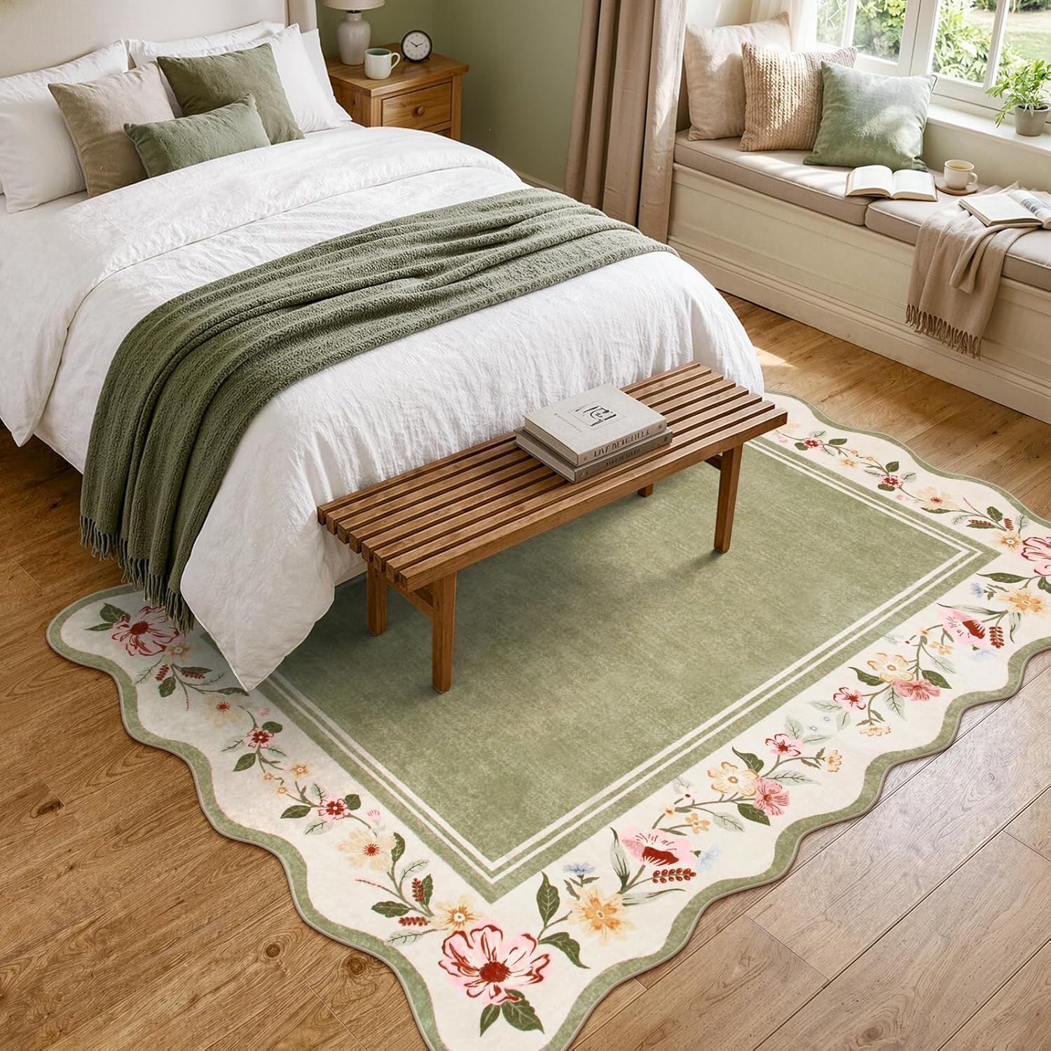 Lahome Floral Scalloped Rug 5x7, Green Rugs for Living Room Ultra-Thin, Vintage Boho Washable Area Rug 5x7 Soft Bedroom Rugs Non-Slip Throw Carpet for Farmhouse Dining Room Playroom Ariele - Image 3