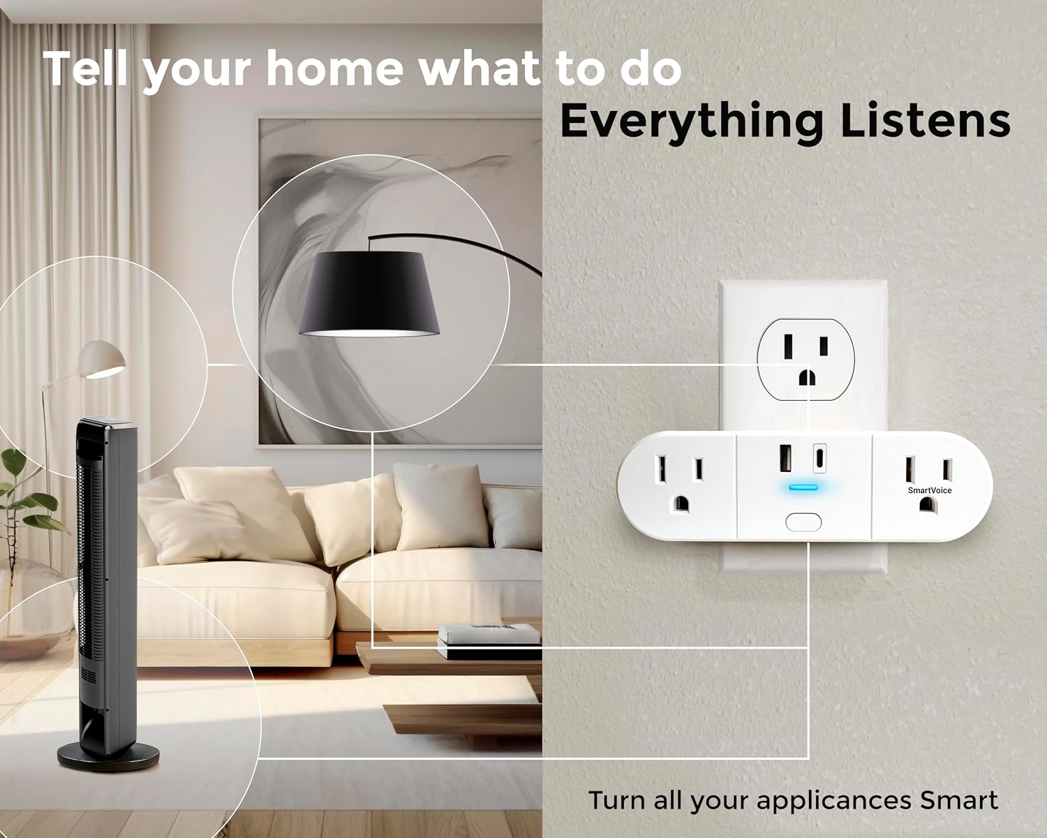 Emerson SmartVoice 4-in-1 Wall Plug, Voice Control Smart Outlet w/ 2 AC (1 Voice + 1 Always-On), USB-A & USB-C Ports, No WiFi, No App, Sleep & Wake Timer, ETL Listed - Image 6