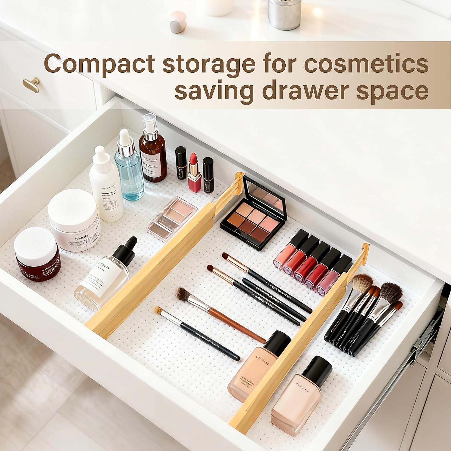 Bamboo Drawer Divider Set of 8, Adjustable Spring-Loaded Drawer Organizer (16.9"-22.2"), 2.3" Height, Suitable for Kitchen, Desk, Bathroom, Clothing, and Miscellaneous Drawer Organization, Natural - Image 7