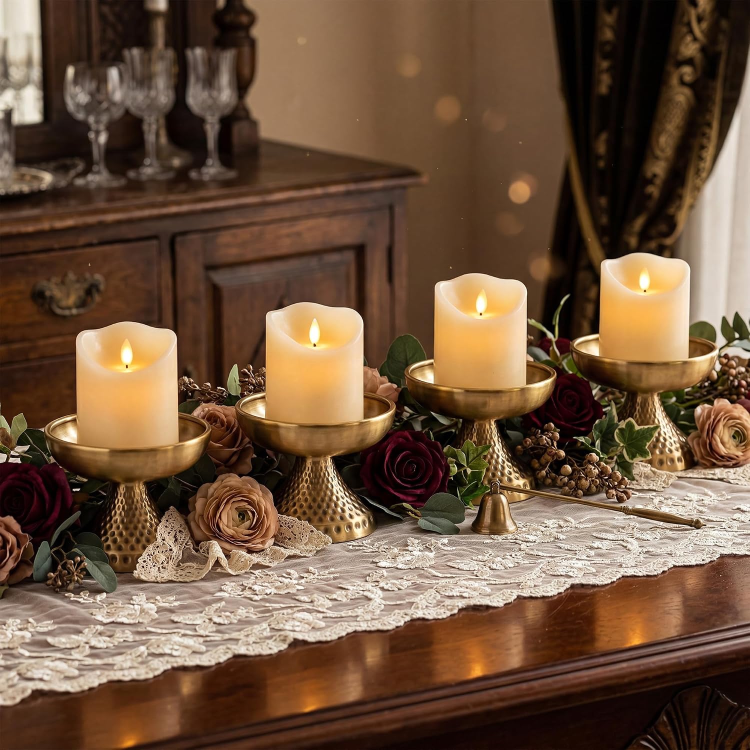 Set of 4 Gold Pillar Candle Holder, 3.5'' Decorative Antique Metal Candle Holders Vintage Centerpiece Dishes Pedestal Bowls for Wedding, Home, Dining Table, Fireplace Mantel, Shelf Decor
