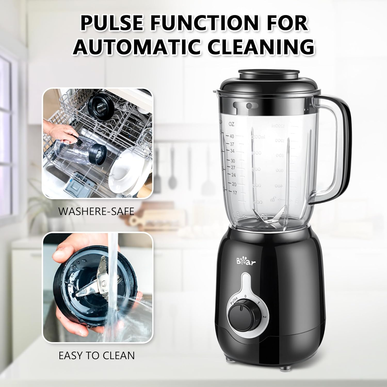 Bear Blender, 2025 New 700W Smoothie Countertop Blender with 40oz Cup for Shakes and Smoothies, 3-Speed for Crushing Ice, Puree and Frozen Fruit with Autonomous Clean - Image 3