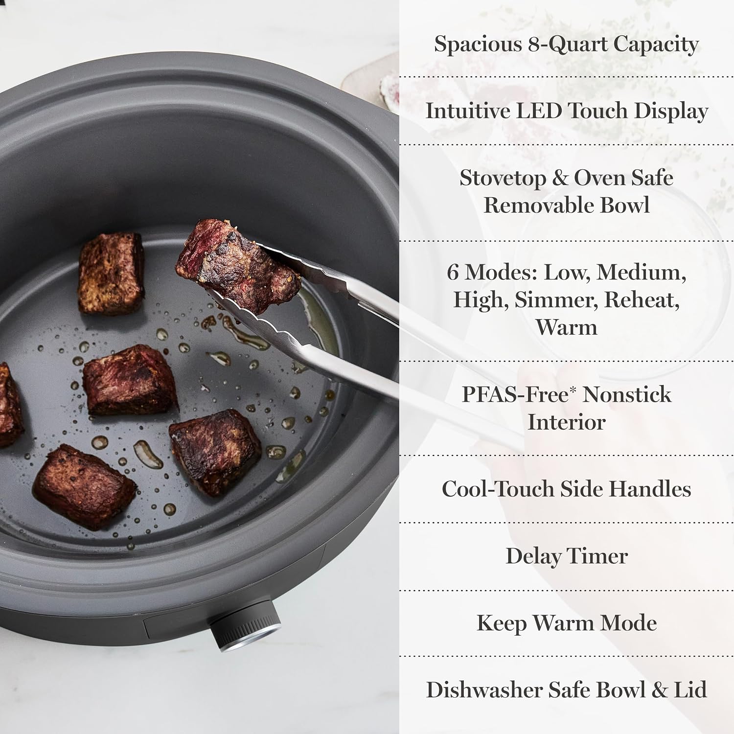 Martha Stewart 8 QT Slow Cooker, Programmable with Timer, 3 Heat Settings (Low, High, Warm), Nonstick Ceramic Removable Crock, Stovetop & Oven Safe, Glass Lid, Simmer, Reheat, Warm, Caviar - Image 7