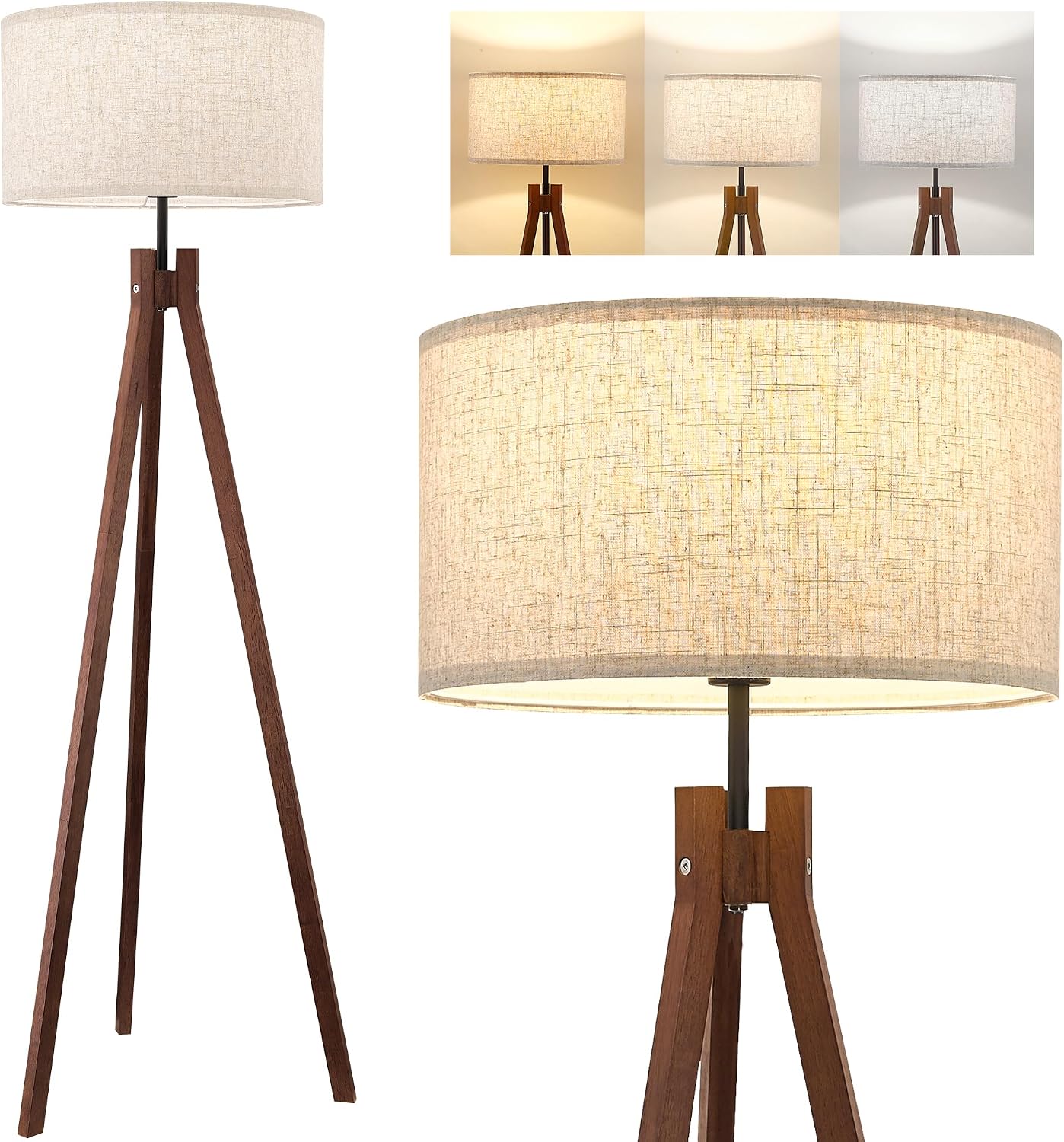 ELYONA Wood Tripod Floor Lamp, Mid Century Reading Standing Lamp with 3 Color Temperatures & Linen Shade, Modern Night Light for Bedroom, Farmhouse, Living Room, Office, 9W LED Bulb Included, Brown - Image 9