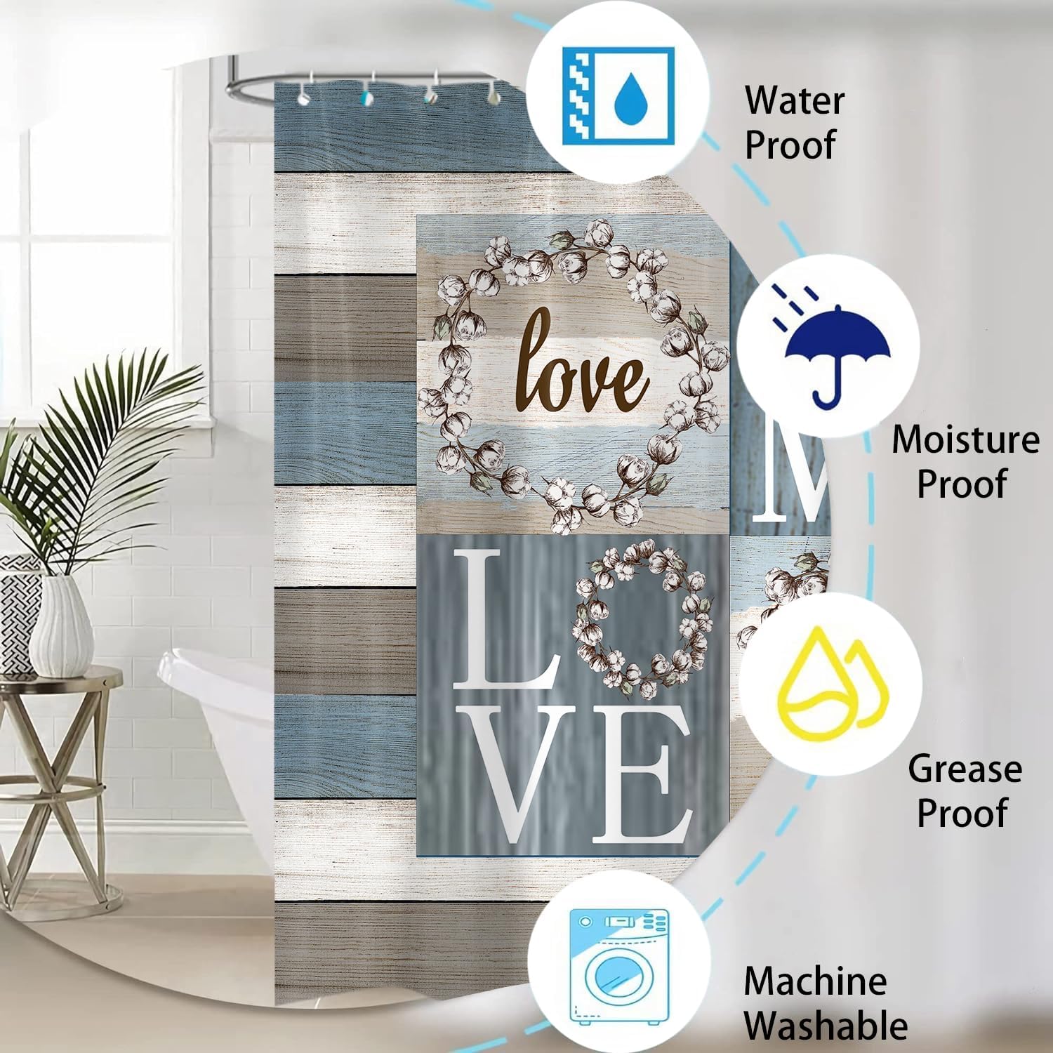 4PCS Rustic Floral Flower Sweet Love Home Fabric Shower Curtain Set, with Non-Slip Rugs, Toilet Lid Cover and Bath Mat Farmhouse Country Vintage Wood Plank Cotton Bathroom Decor Waterproof 72x72 - Image 5