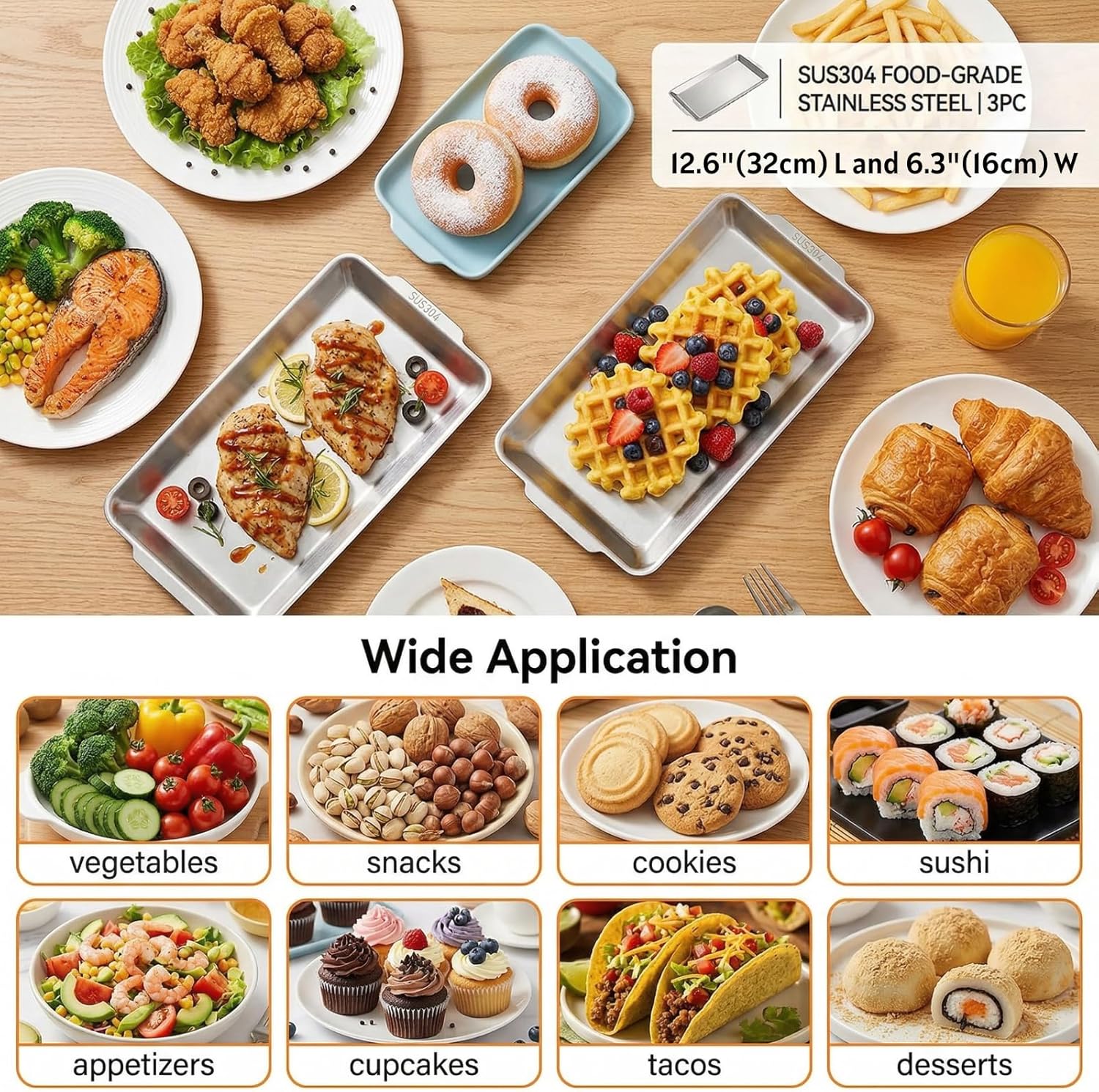 ZENFUN 3 Packs 304 Stainless Steel Serving Platters, Rectangle Metal Dinner Plates with Handles, Decorative Organizer Trays for BBQ, Dining, Party, Buffet, Appetizer Serving(12.6" x 6.3") - Image 5