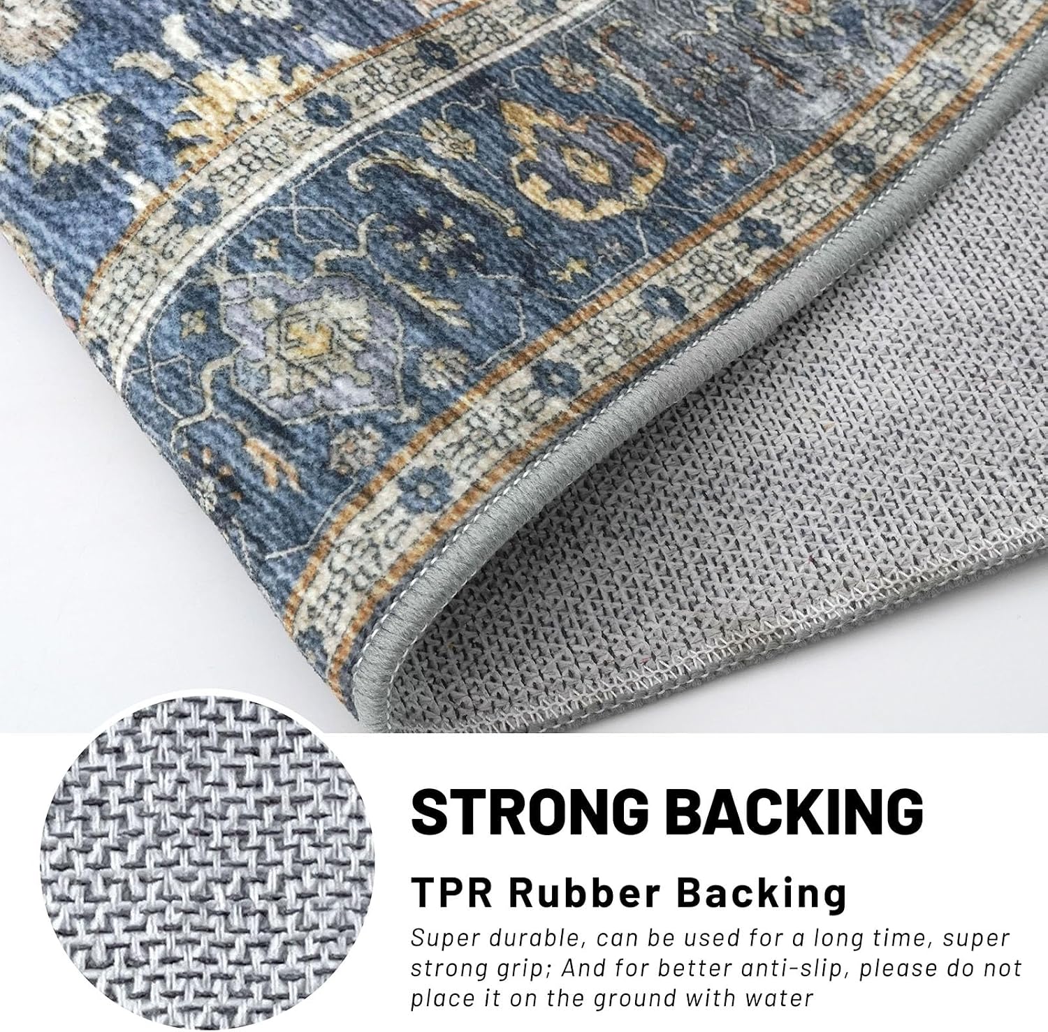 KUTA Vintage Floral 3x5 Entryway Rug, Area Rugs for Living Room Blue Grey Beige Washable Kitchen Carpet Non-Slip, Ultra Thin Soft Printed Distressed Oriental Entry Low-Pile Throw for Dining Room Dorm - Image 7