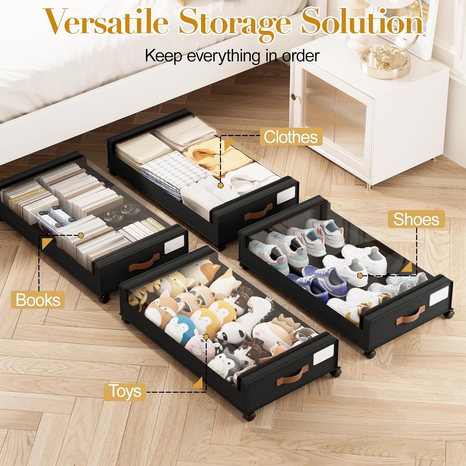 Yecaye Under Bed Storage with Wheels, 2 Pack Under the Bed Storage Containers with Lids & Label, XXL 60L Rolling Underbed Storage Drawers for Clothes, Blankets, Shoes, Black - Image 6