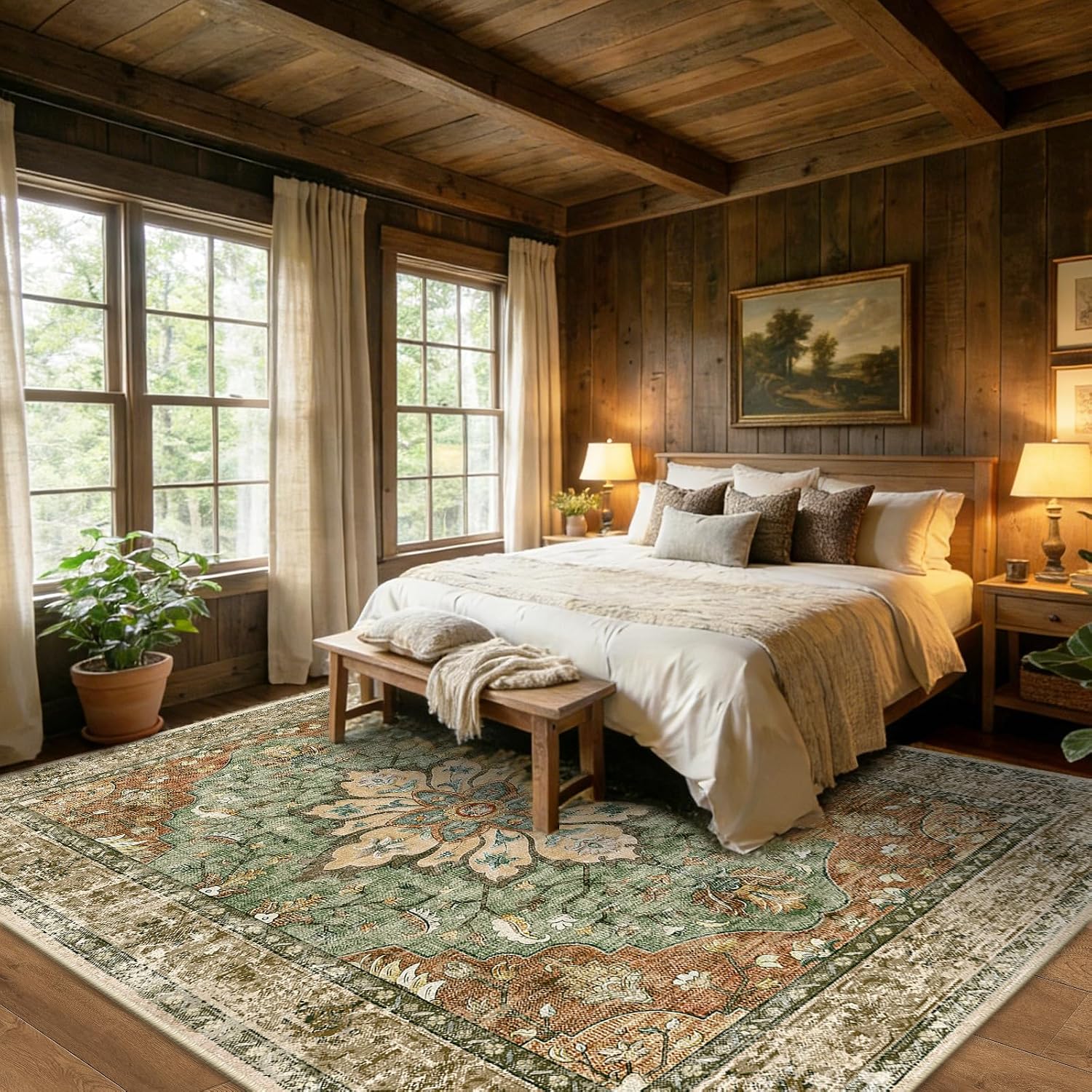 RELEANY Area Rugs Large 10'x12' Washable Non-Slip, Floral Vintage Distress Medallion Carpet for Living Room Bedroom Dining Room, Terracotta Burnt Orange Green - Image 3