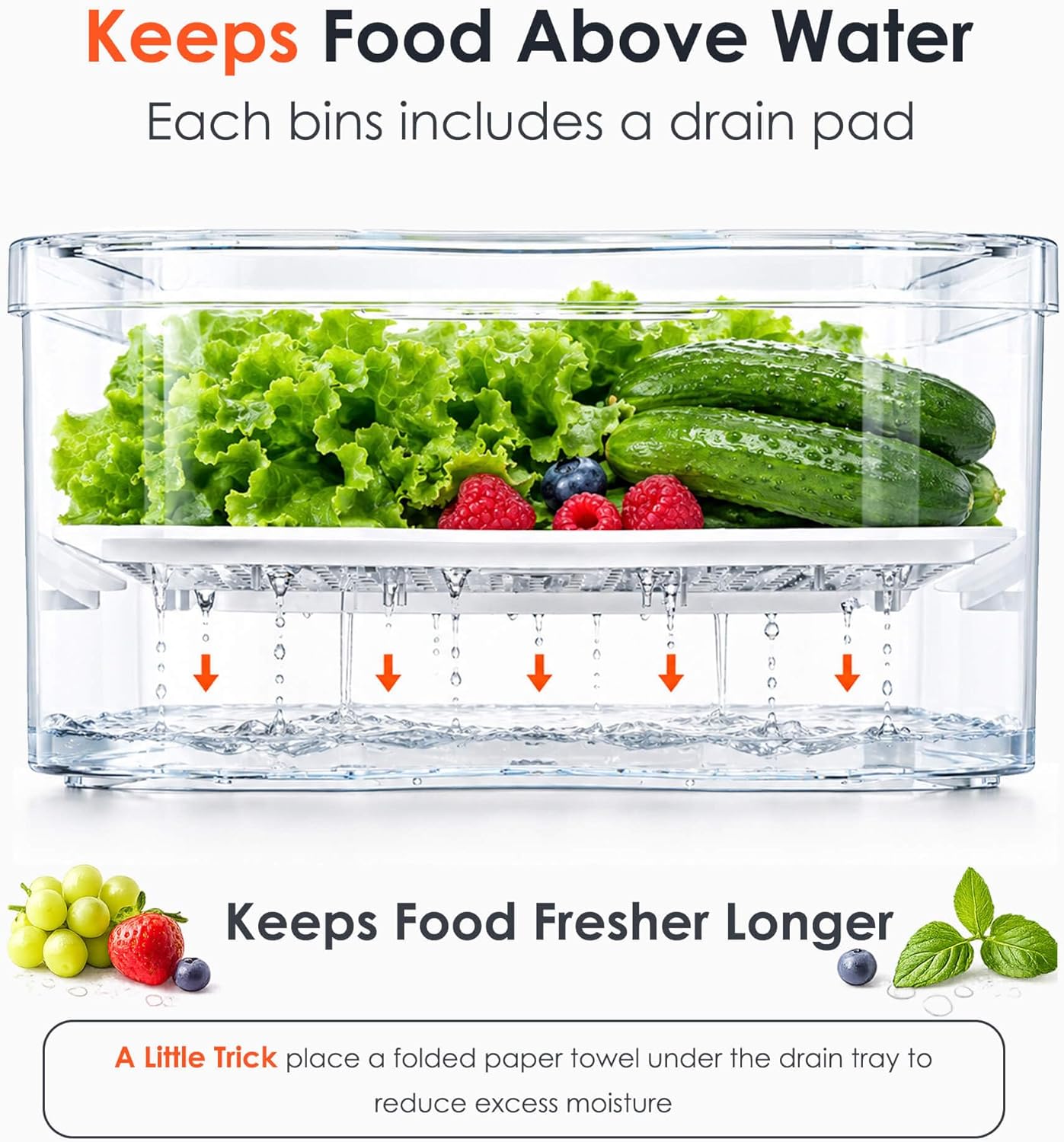 SMRCAD 6 Pack Clear Fridge Organizer Bins with Drain Trays - Stackable | BPA-Free PET, 6 Pack: 6 lidded Bins (Not drawer), Helps Keep Produce Fresh, 14L Capacity, Hand Wash Only - Image 4