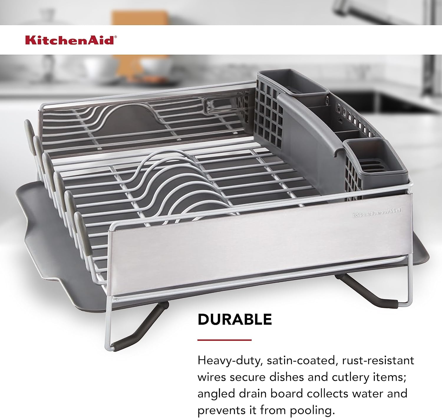 KitchenAid Compact, Space Saving Rust Resistant Dish Rack with Removable Flatware Caddy and Angled Self Draining Drainboard, 16.06-Inch, Black - Image 9