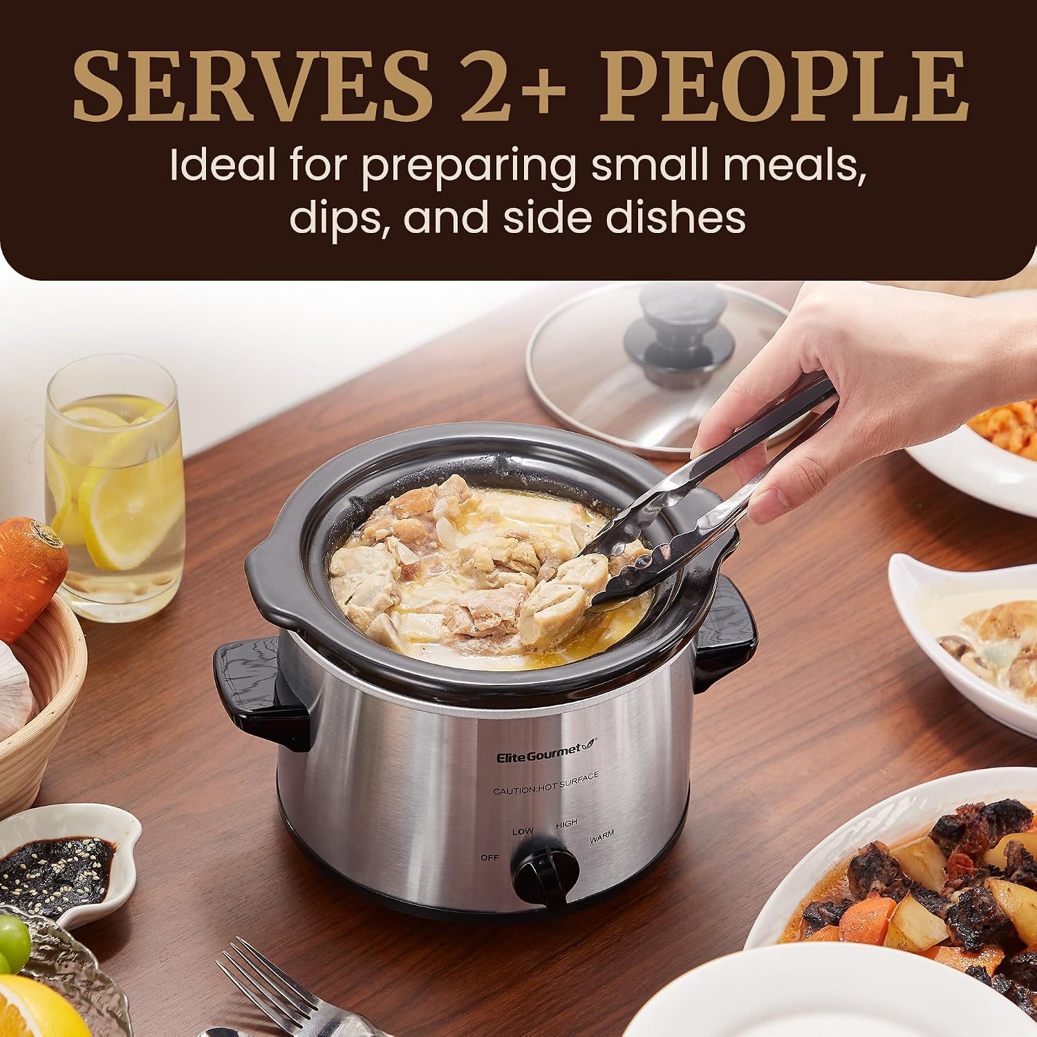 Elite Gourmet MST-250XS Electric Slow Cooker Ceramic Pot, Adjustable Temp, Entrees, Sauces, Stews & Dips, Dishwasher Safe Glass Lid & Crock, 1.5 Quart, Stainless Steel - Image 3