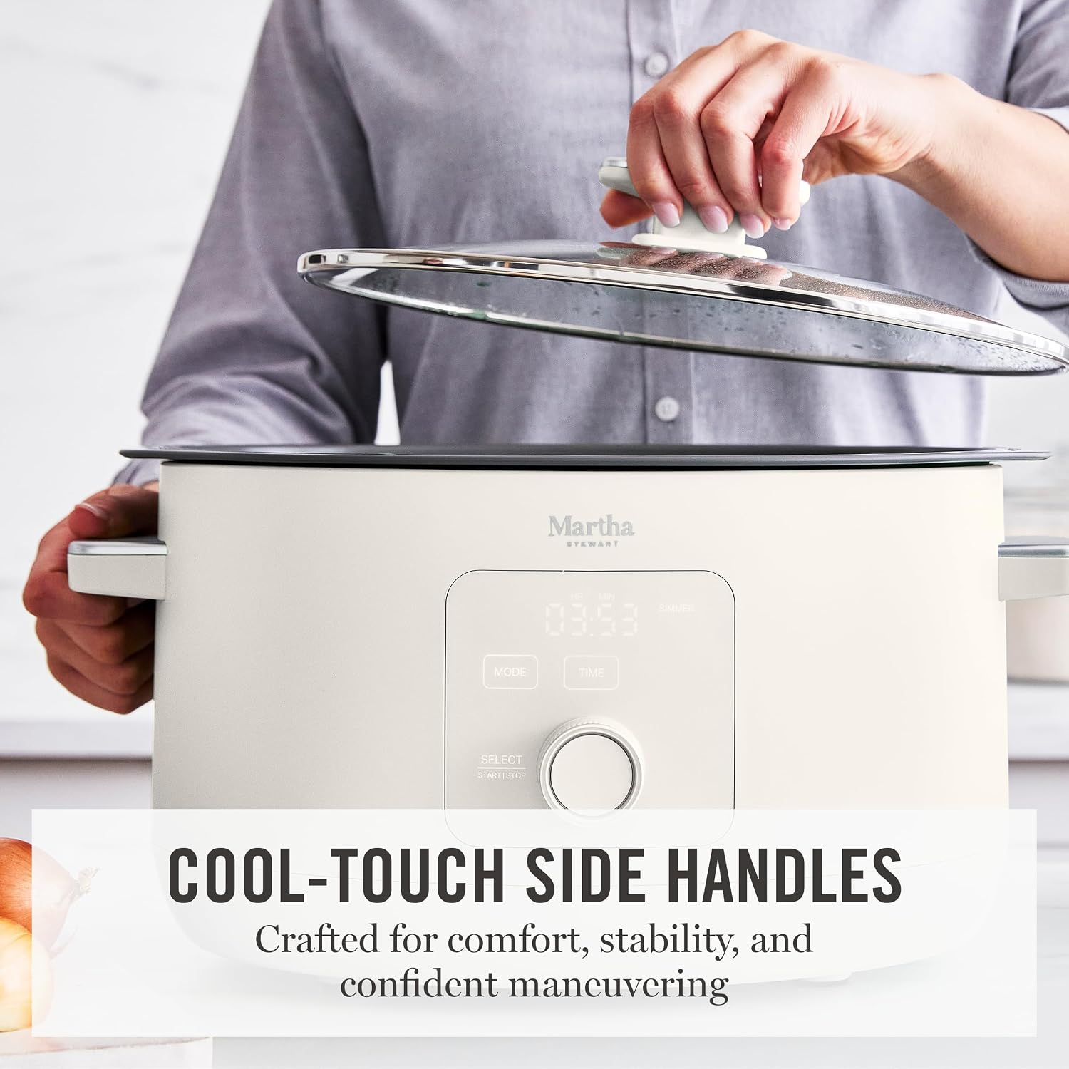 Martha Stewart 8 QT Slow Cooker, Programmable with Timer, 3 Heat Settings (Low, High, Warm), Nonstick Ceramic Removable Crock, Stovetop & Oven Safe, Glass Lid, Simmer, Reheat, Warm, Linen - Image 6