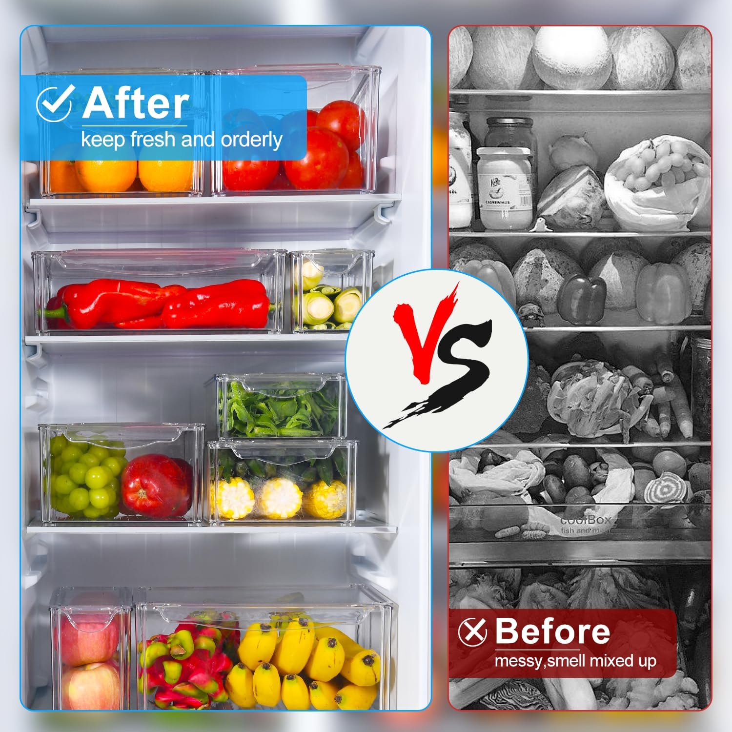 KUMD 10-Pack Clear Fridge Organizer Bins with Lids, Stackable Refrigerator Storage Containers, BPA-Free with Drain Tray & Anti-Slip Base for Fruits, Veggies, Drinks - Image 4