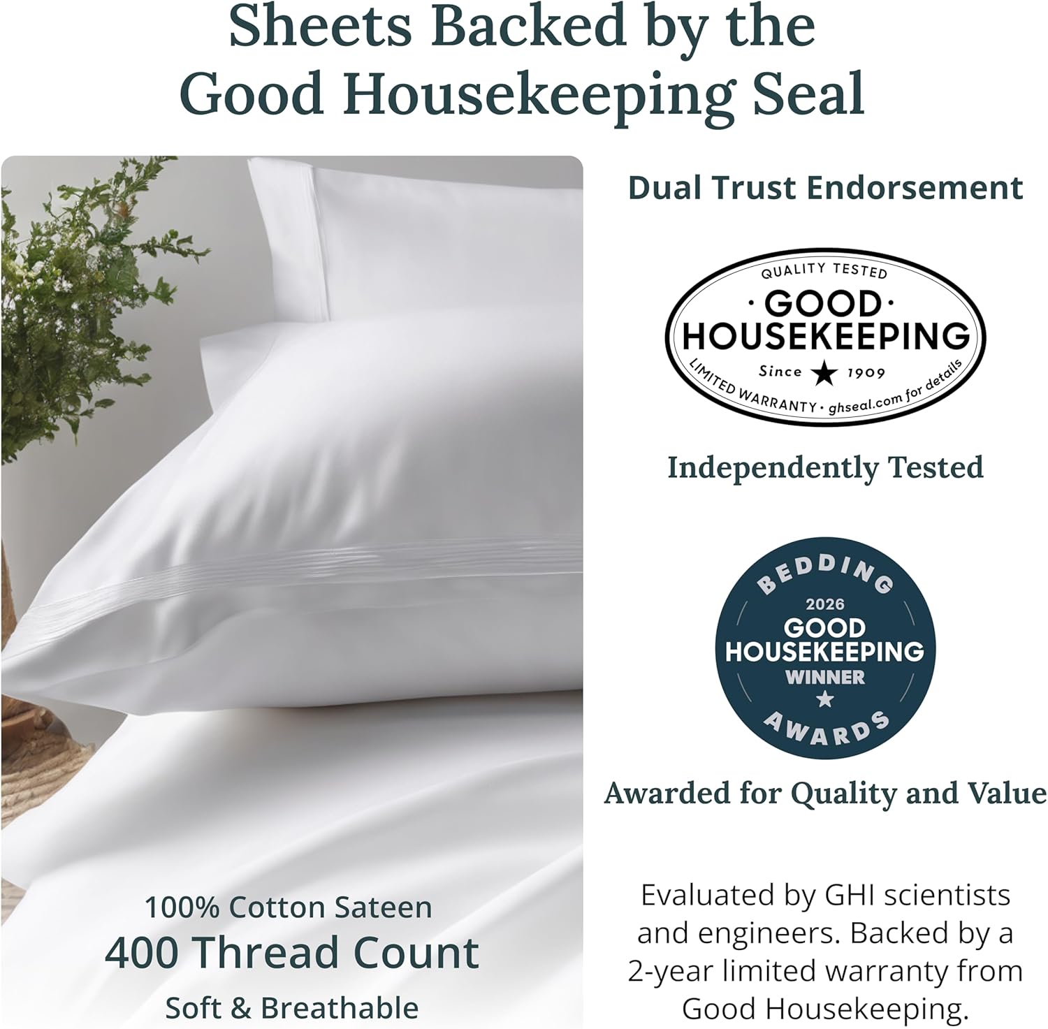 California Design Den Soft 100% Cotton Queen Sheet Set, 400 Thread Count Good Housekeeping Award Winner, Silky Smooth Sateen Weave with Deep Pockets, Breathable and Durable Cotton Bedding Set - White - Image 2