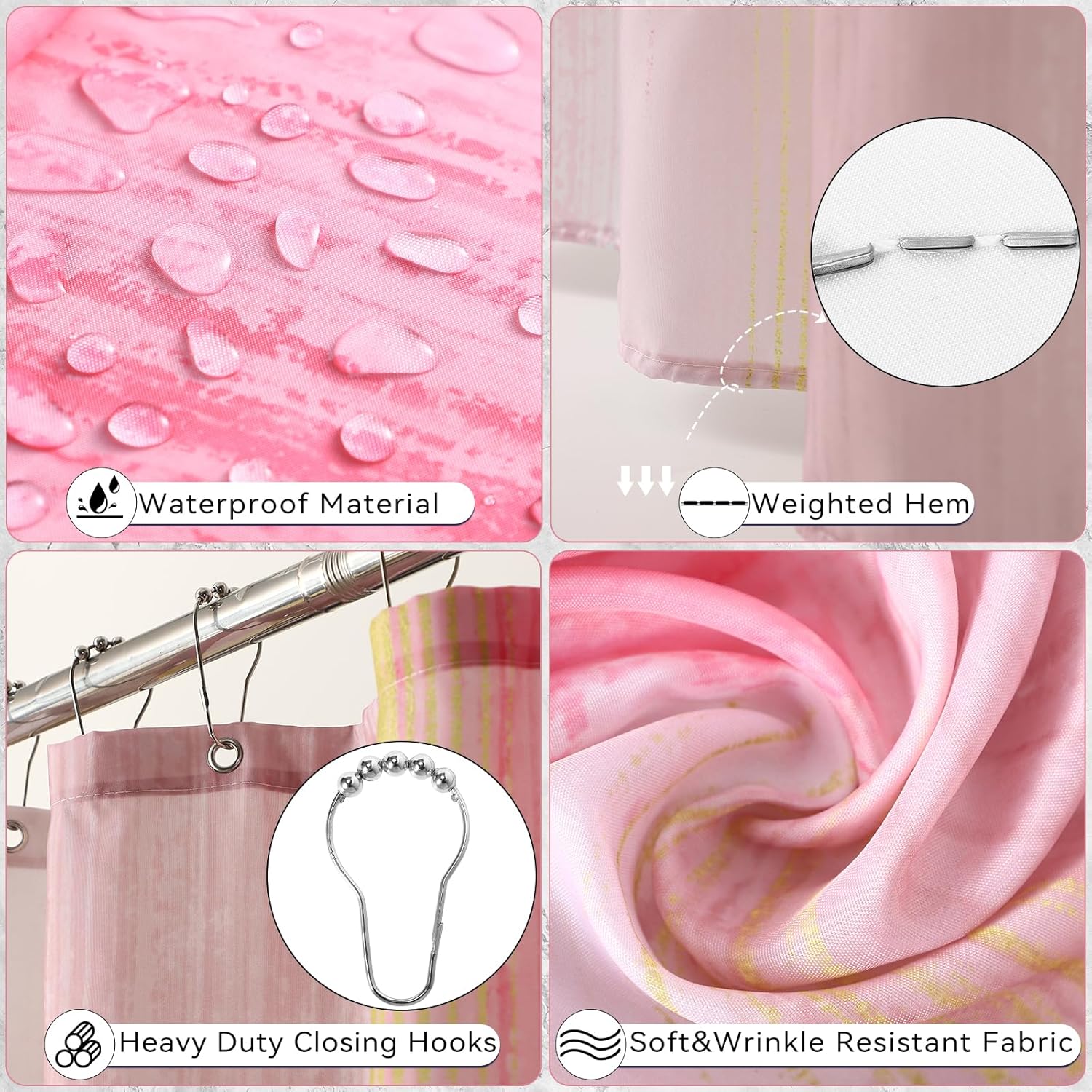 XLHOMO Bathroom Set - Pink and Gold Bathroom Accessories Set, Bathroom Sets with Shower Curtain and Rugs, Pink Shower Curtain Set with Bathroom Trash Can, Soap Dispenser, Soap Dish for Home Decor - Image 5