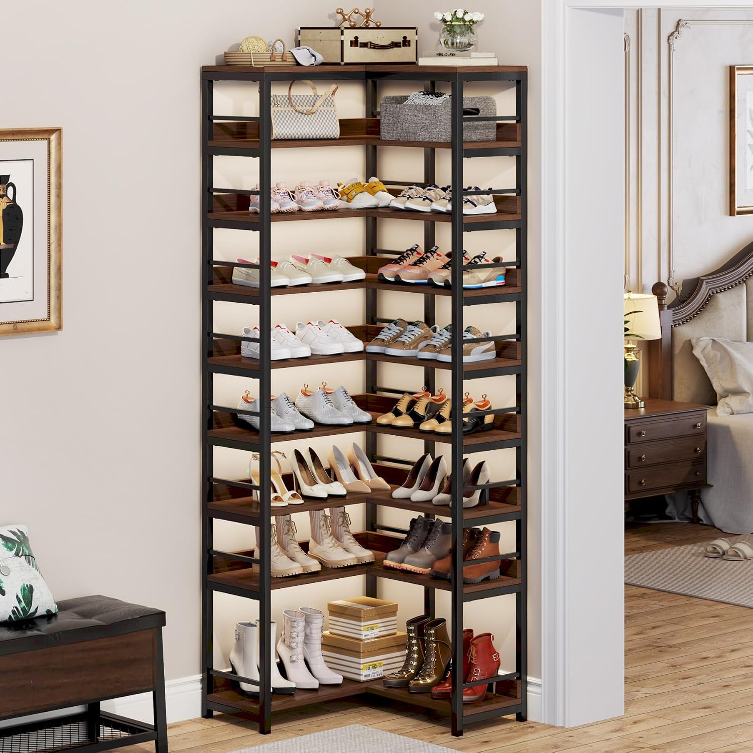 Tribesigns 9 Tiers Corner Shoe Rack, Tall Vertical Shoe Rack Organizer, Free Standing Large Shoe Storage Shelf for Entryway Hallway Closet, Space Saving, Rustic Brown - Image 3