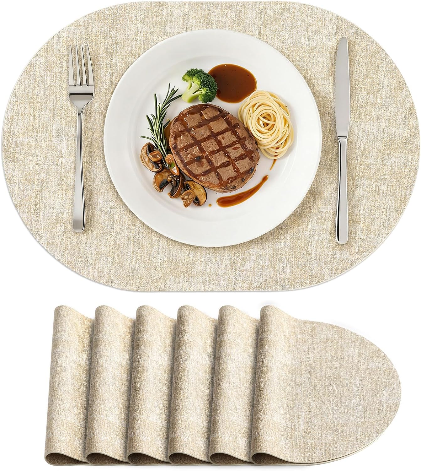 homing Placemats Set of 6, Heat Resistant Oval Faux Leather Place Mats 11.8 x 17 Inch, Waterproof Wipeable Reversible PU Placemat for Kitchen Dining Table, Indoor & Outdoor, Beige