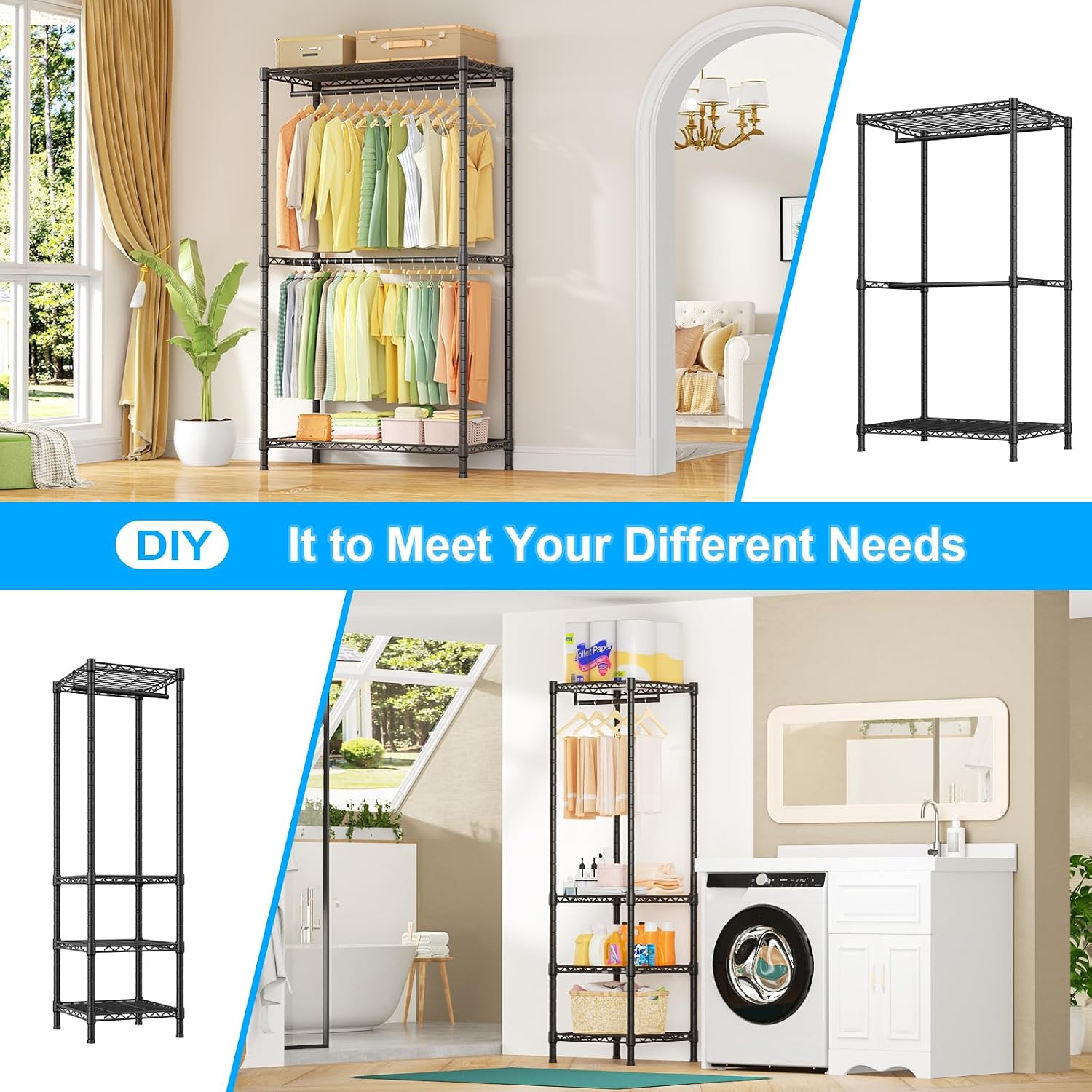 Ulif E10 Clothes Rack(With Stretchable Hanger Rod)Freestanding Clothing Racks for Hanging Clothes,Adjustable Closet Organizer System,Portable Garment Rack 73-97"W x 15" D x 72" H,Max Load 800LBS,Black - Image 6