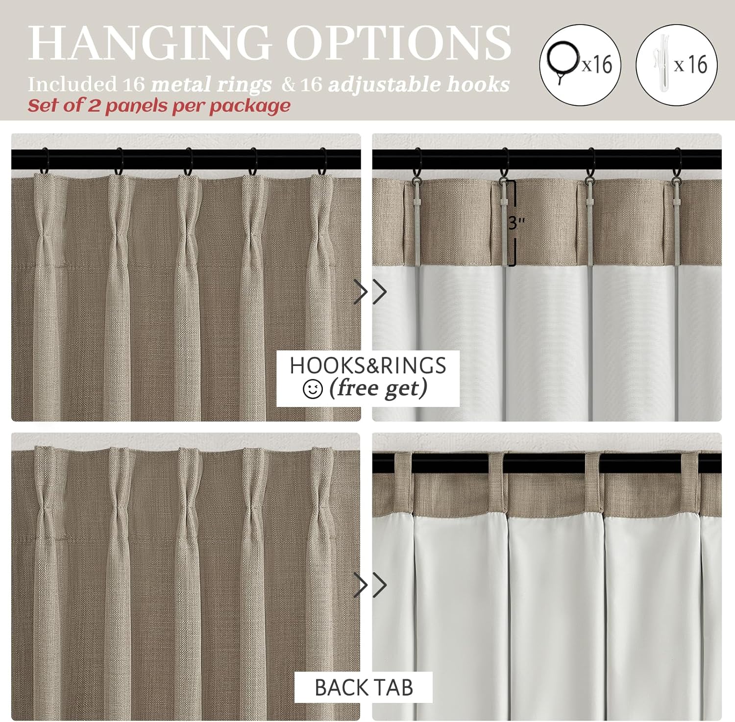 Pinch Pleated Drapes Linen Room Darkening Curtains 96 Inches Long for Bedroom, Taupe Black Out Floor to Ceiling Sound Dampening Double Layer Living Room Viral Windows Burg 2 Panels Set Burlywood Birch - Image 7