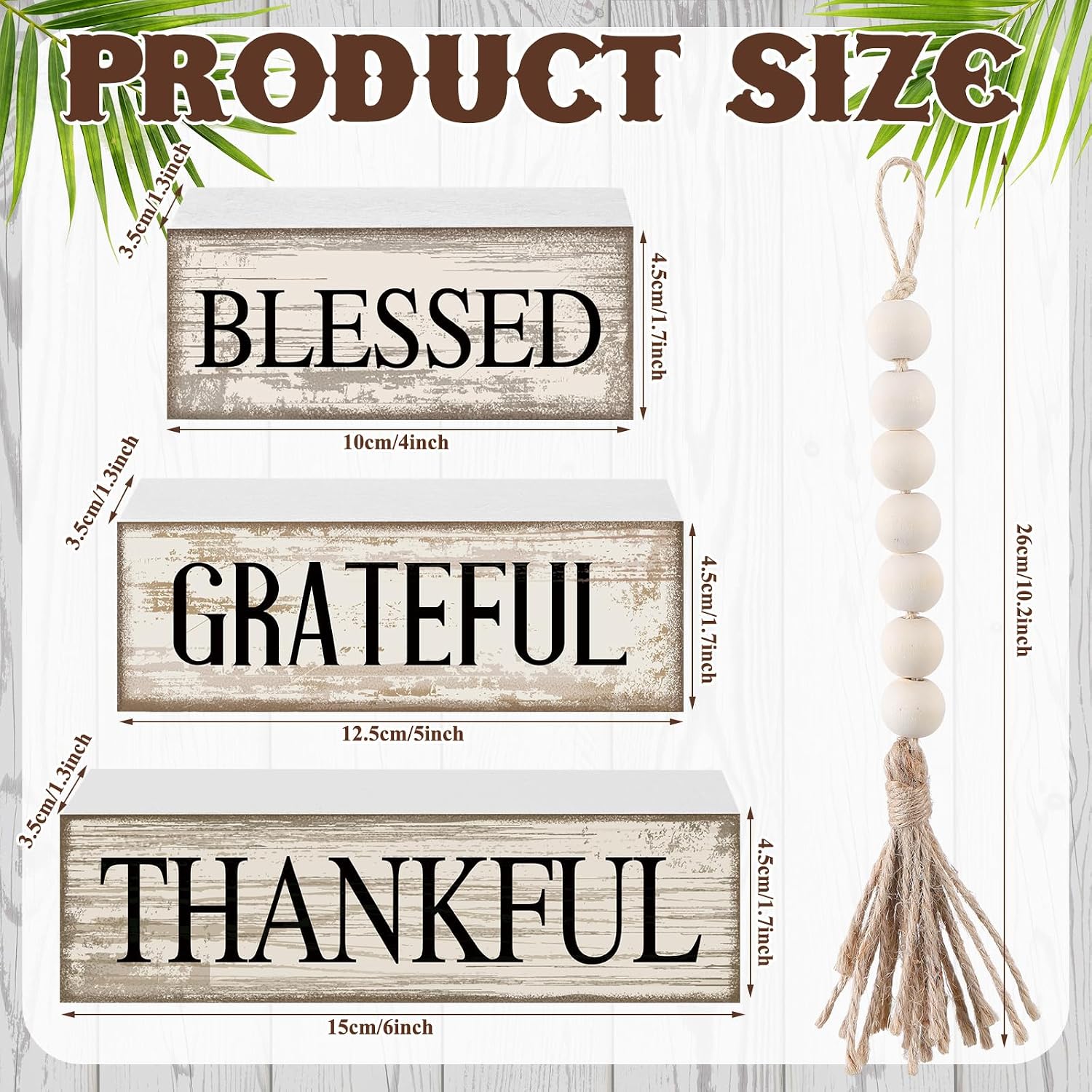 4 Pcs Farmhouse Wooden Tabletop Decor Neutral Farmhouse Tiered Tray Decor Rustic Retro Wood Bead Garland Blessed Grateful Thankful Block Sign Centerpiece for Coffee Home Office Shelf Mantle Table - Image 5