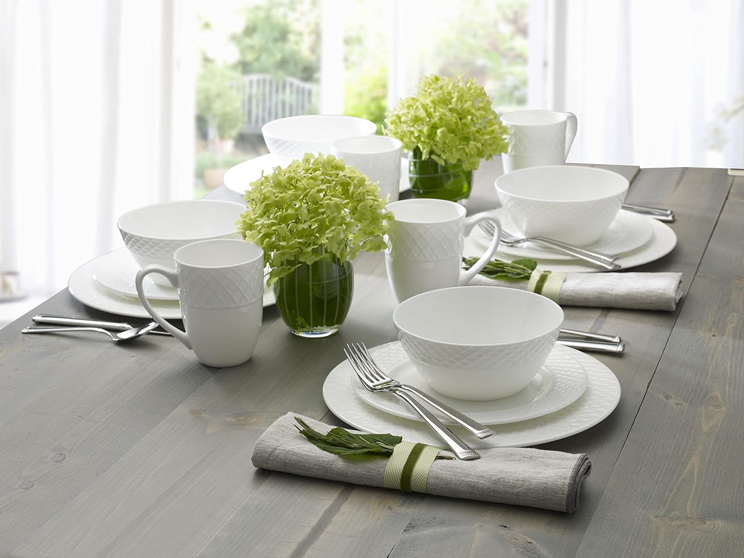 Mikasa Trellis 16-Piece Bone China Dinnerware Set, White, Includes Dinner Plates, Salad Plates, Cereal Bowls and Mugs, Dishwasher Safe - Image 7