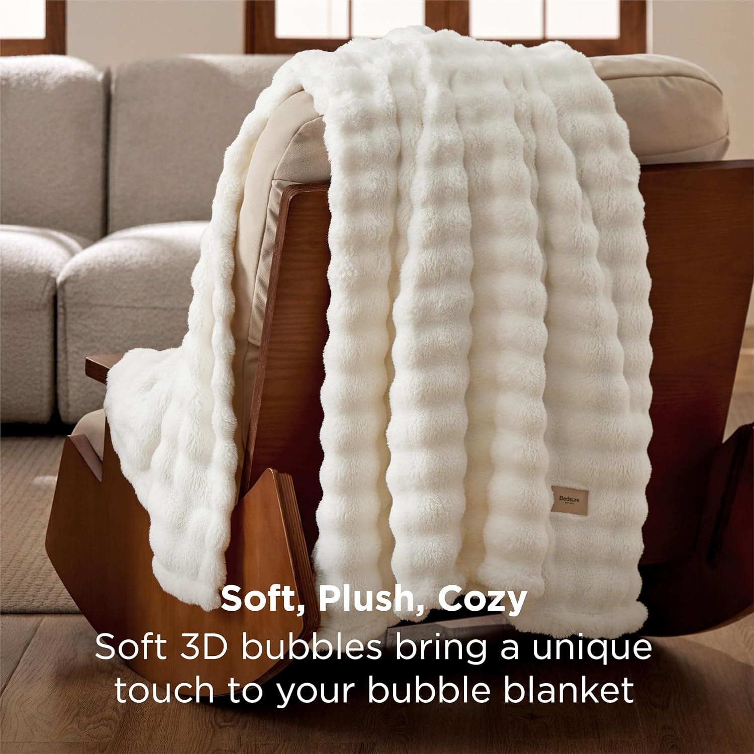 Bedsure 3D Fleece Bubble Blanket for Couch - GentleSoft Cute White Throw Blanket for Sofa Bed Room Decor - Luxury Soft Cozy Cloud Blanket Mothers Gifts for Women, Lightweight, Off White, 50"×60" - Image 3