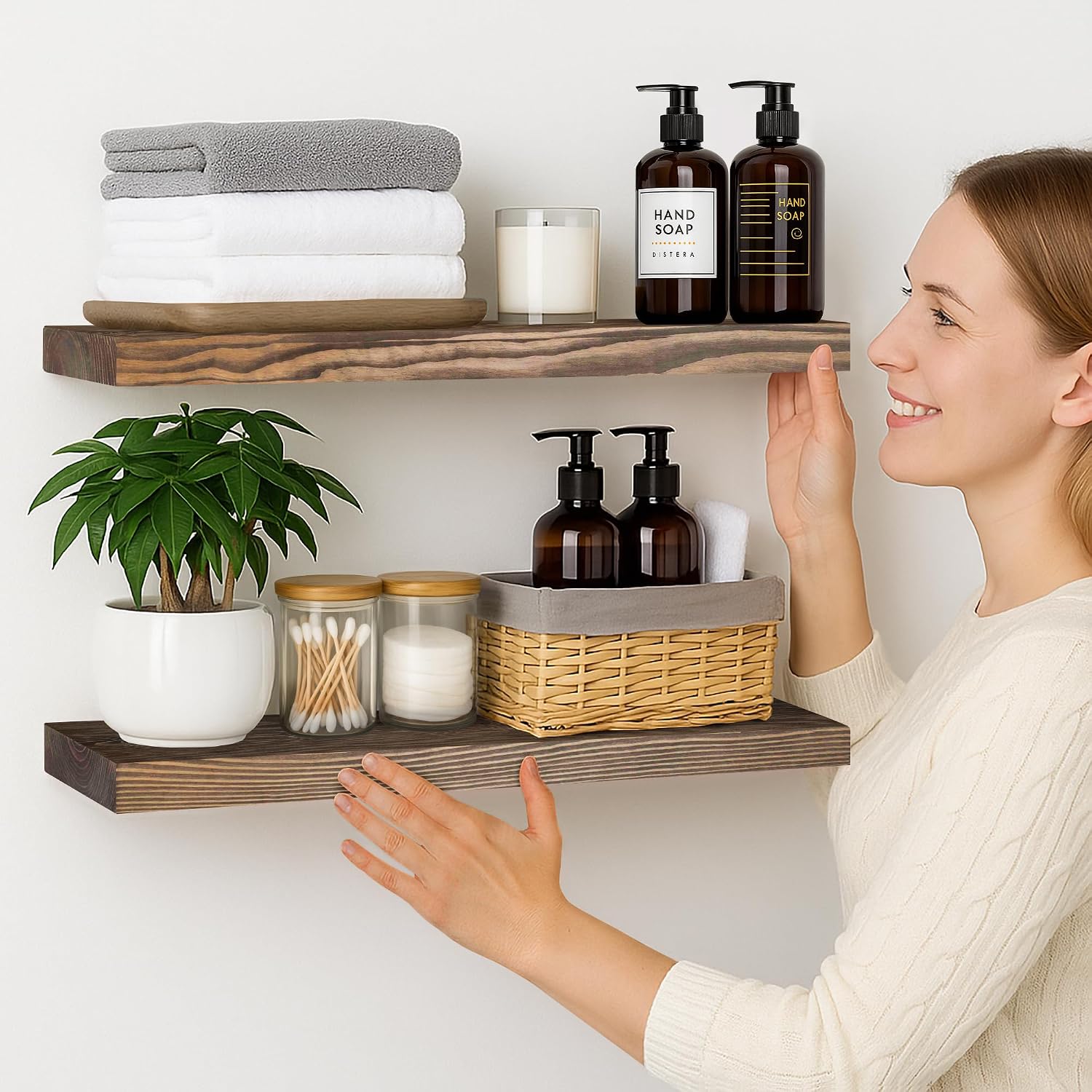 BGMG Wood Floating Shelves for Wall 24 inch Set of 2, Rustic Wooden Wall Mount Shelves for Bathroom Living Room Bedroom Kitchen Farmhouse -24x6.7-Dark Walnut - Image 2