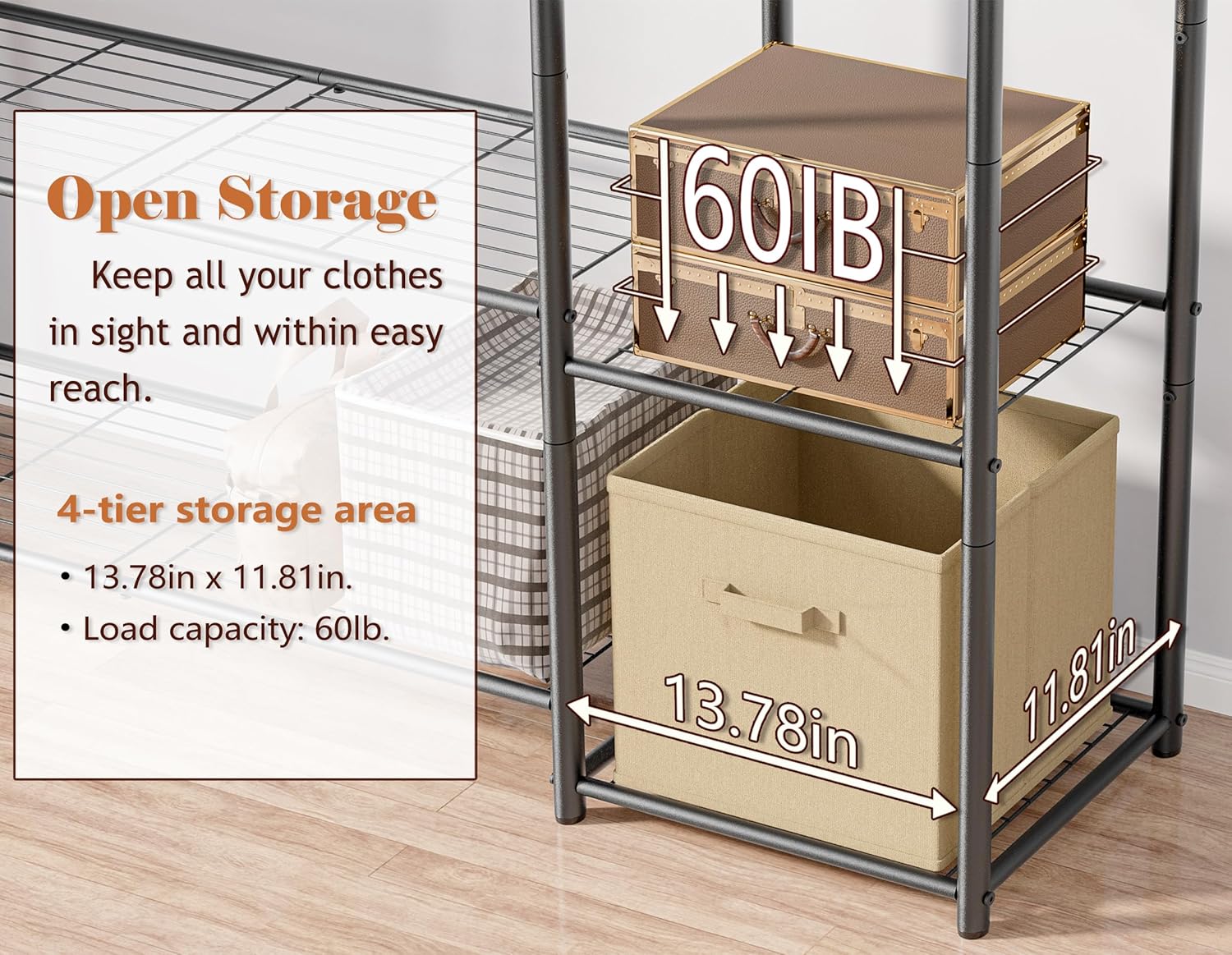 Wardrobe Closet,Portable Clothes Rack with 4 Tiers Shelves,Freestanding Closet Organizers and Storage System with Hanging Rods,Steel Clothing Rack Suitable for Cloakrooms,Bedrooms,Entrances,etc.Black - Image 5