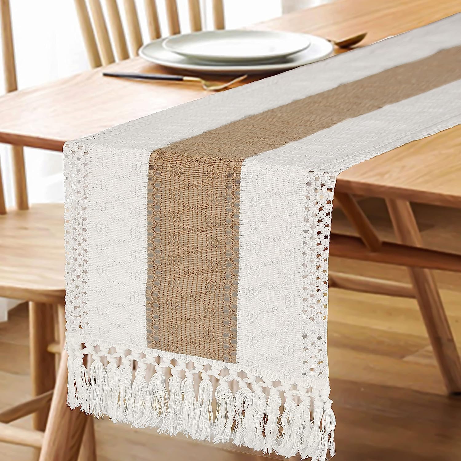 FEXIA Boho Table Runner for Home Decor with Tassels 72 Inches Farmhouse Long Pottery Barn Furniture Rustic Macrame Burlap Table Decoration for Living Room Bridal Shower (12x72 Inches) - Image 5