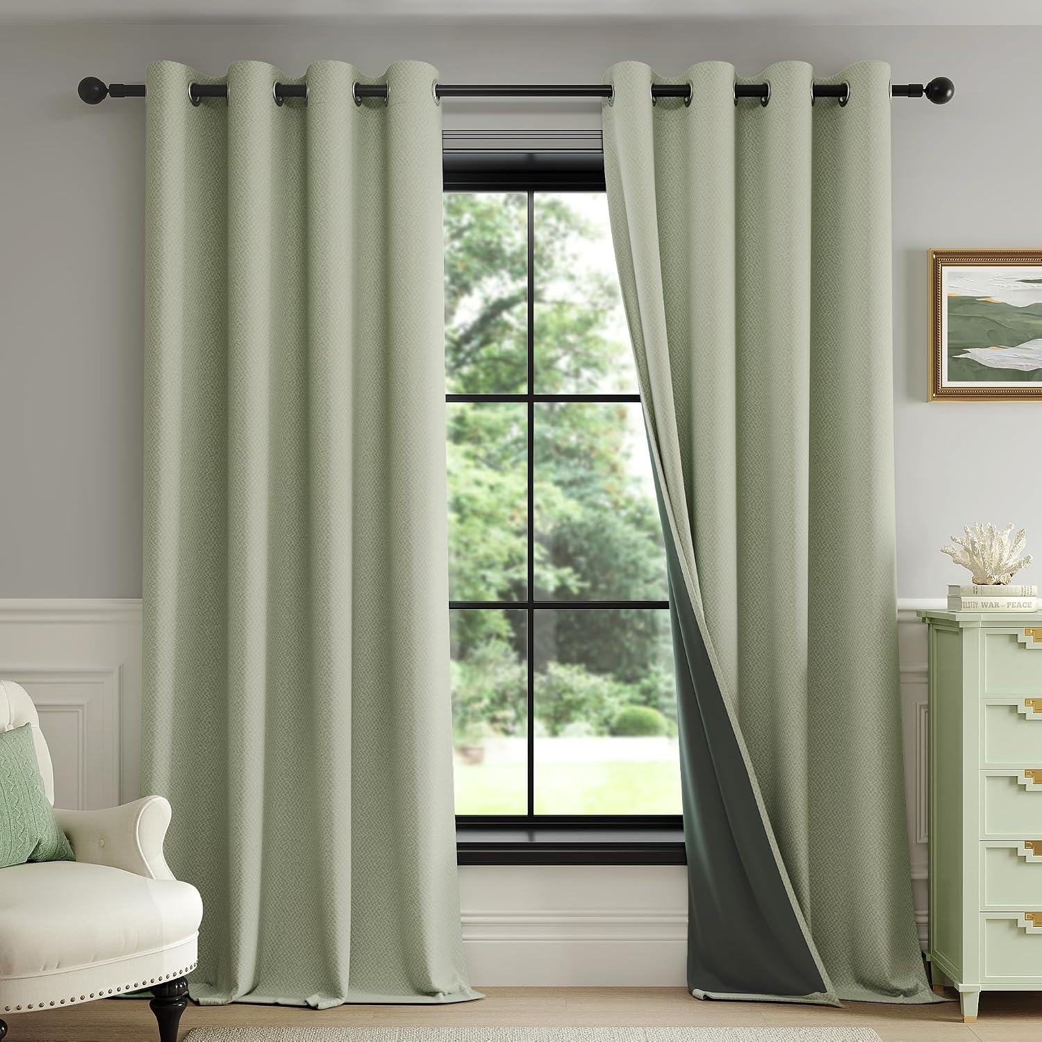 FMFUNCTEX 100% Blackout Curtains for Bedroom, Sage Green Geometric Weave Curtains 84 Inches Long Textured Thermal Insulated Curtain for Living Room, Black Out Drapery Grommet 2 Panels
