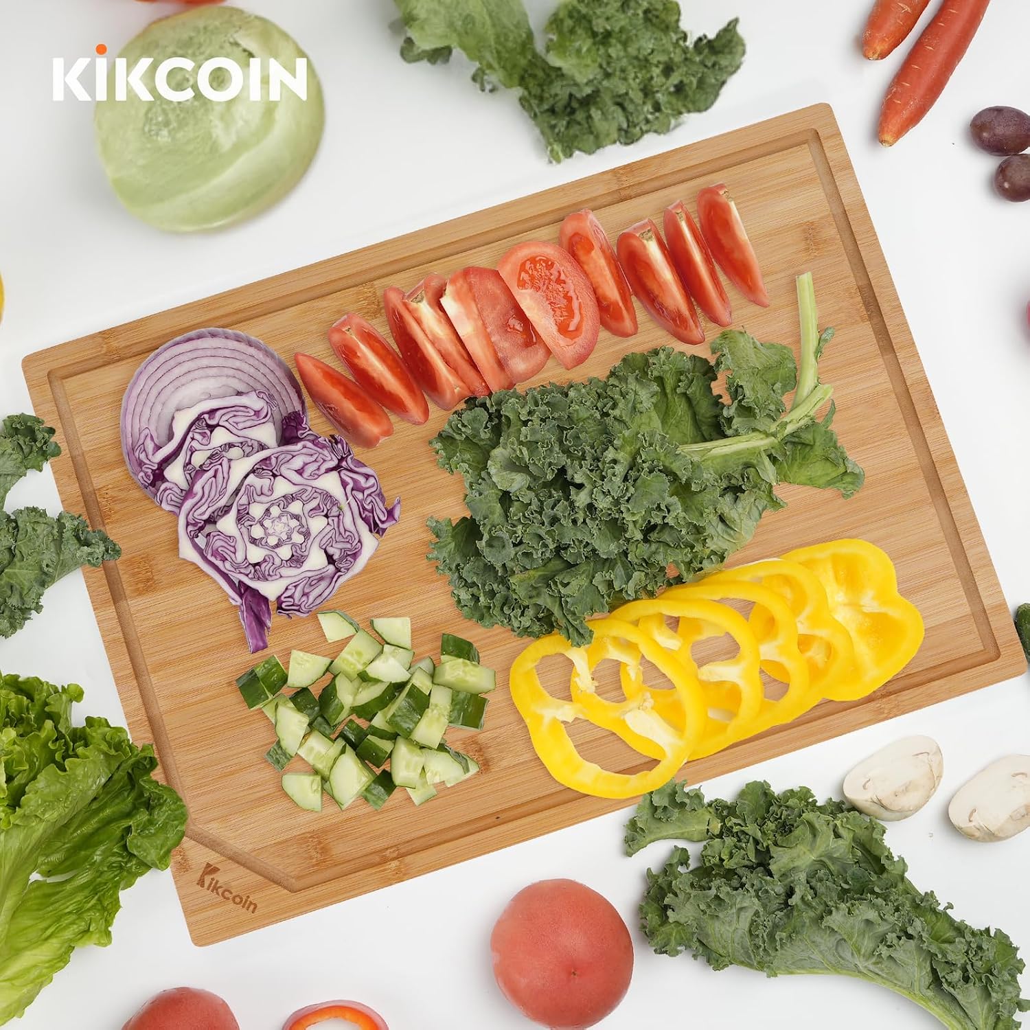 Kikcoin 17”×11” Bamboo Cutting Boards for Kitchen, Healthy Wooden Cutting Boards for Kitchen, Charcuterie, Extra Large Chopping Boards with Deep Juice Groove, Fathers Day Gift for Men, Natural - Image 7