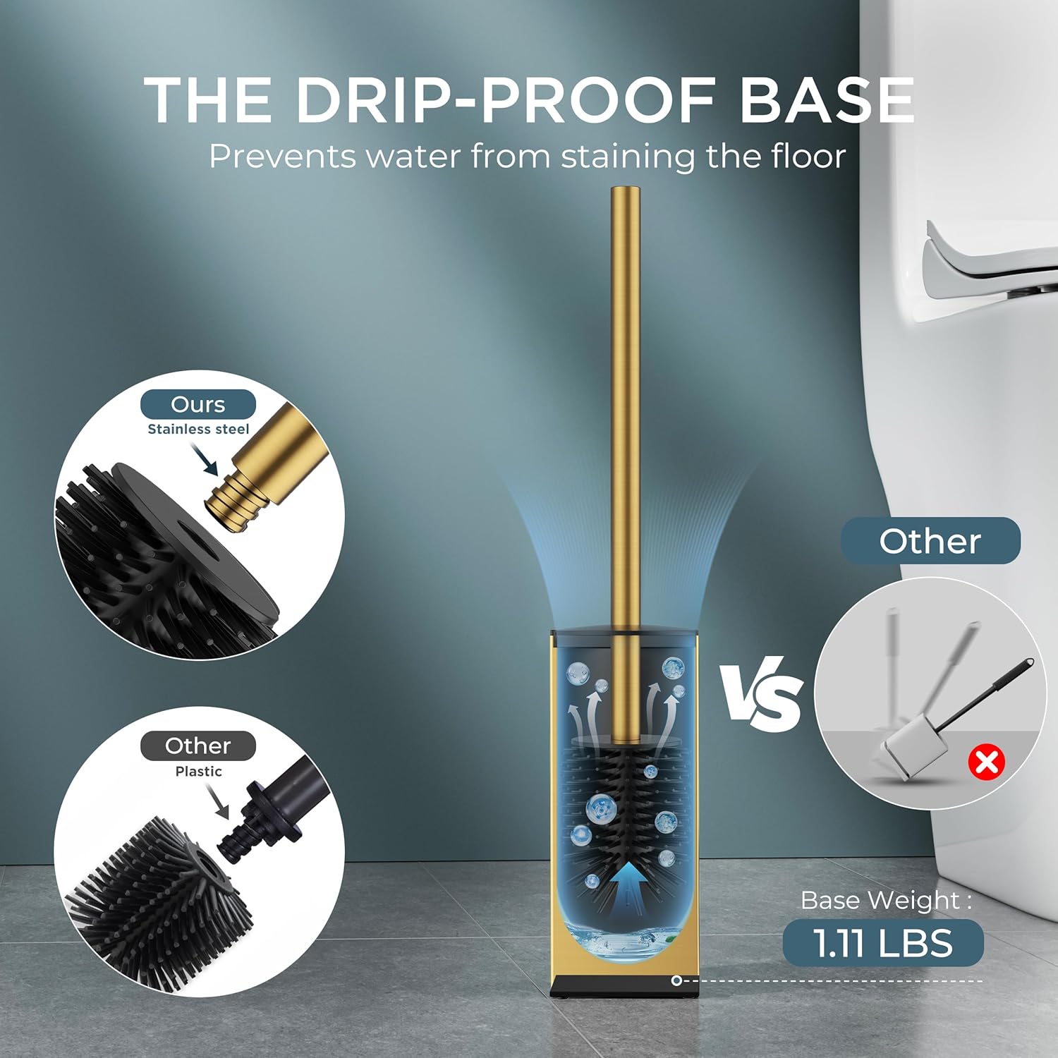 FORIOUS Toilet Brush and Holder Set, SUS304 Stainless Steel Square Base, Extended Long Handle, Drip-Proof & Space Saving, 2 Replaceable Brush Heads, Plastic & Silicone Dual Brush Head, Drak Gold - Image 3