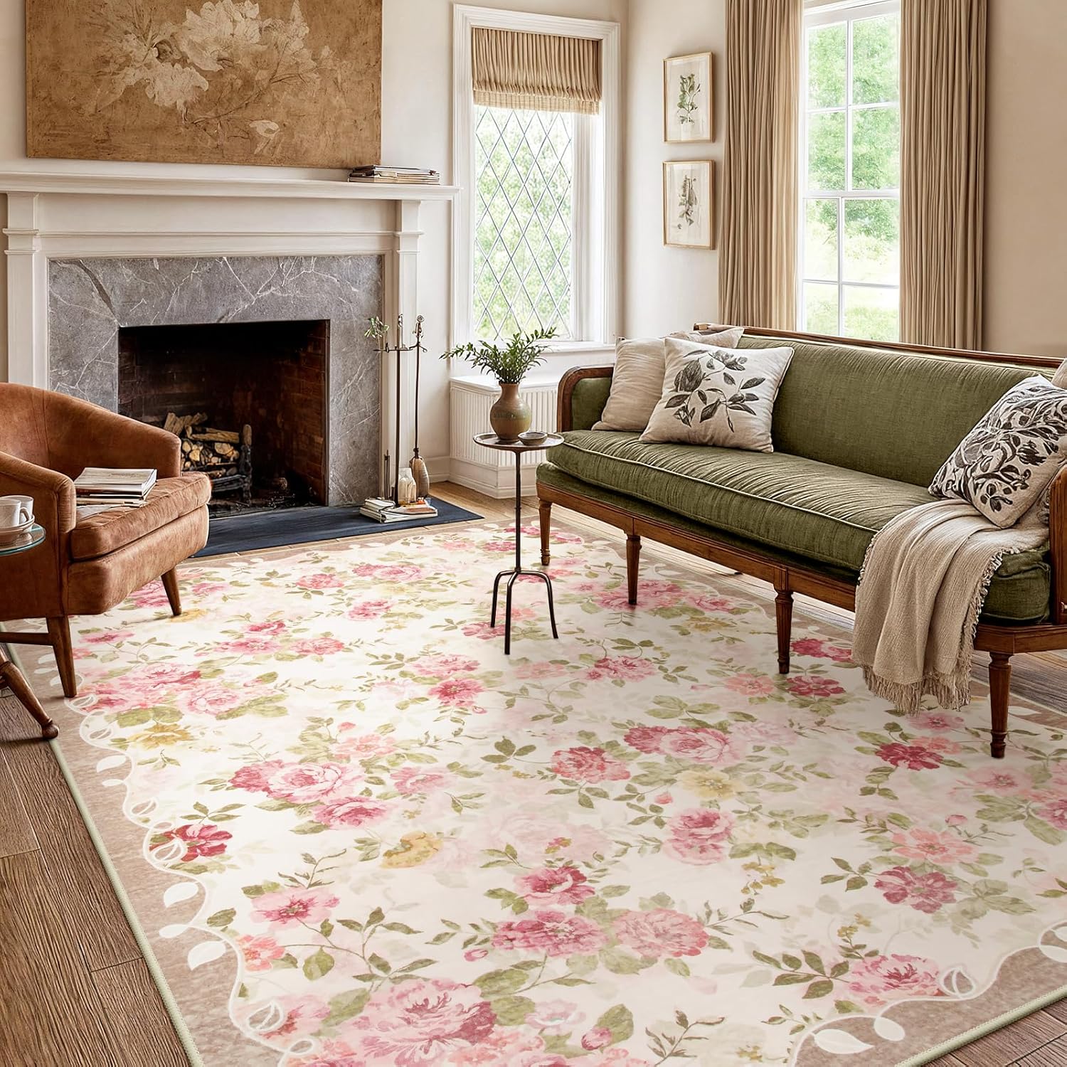 Lahome Floral Washable Rugs 5x7,Rugs for Living Room Pink Area Rug,Vintage Rugs for Bedroom Girls Non Slip Low Pile Ultra-Thin Large Carpet for Office Dining Room,Kids Playroom Nina (5'X7',Beige)