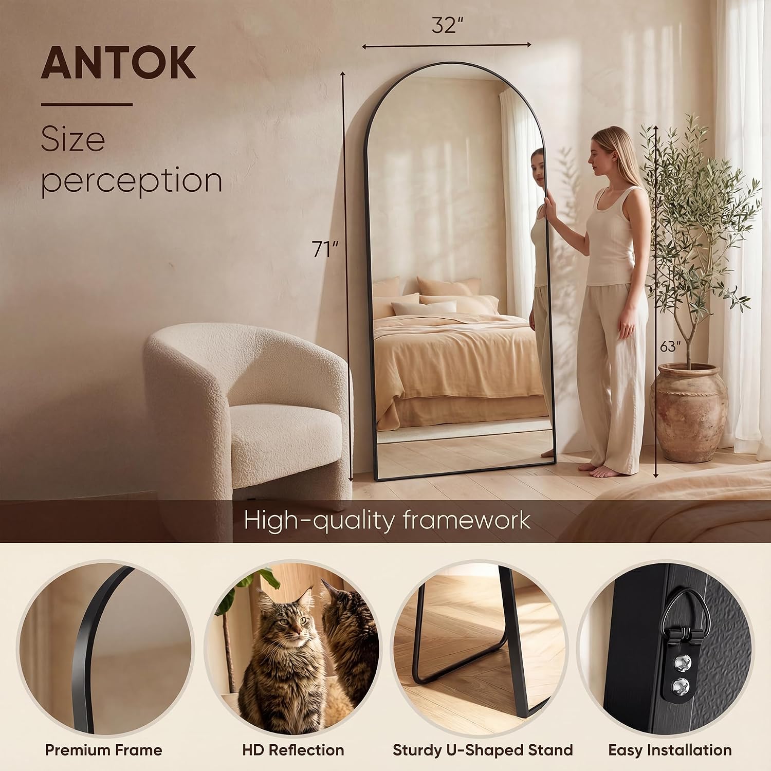 Antok 71" x32” Arched Full Length Floor Mirror, Black Aluminum Frame, Free Standing/Wall Mount/Leaning for Bedroom, Living Room, Dressing Room - Image 3