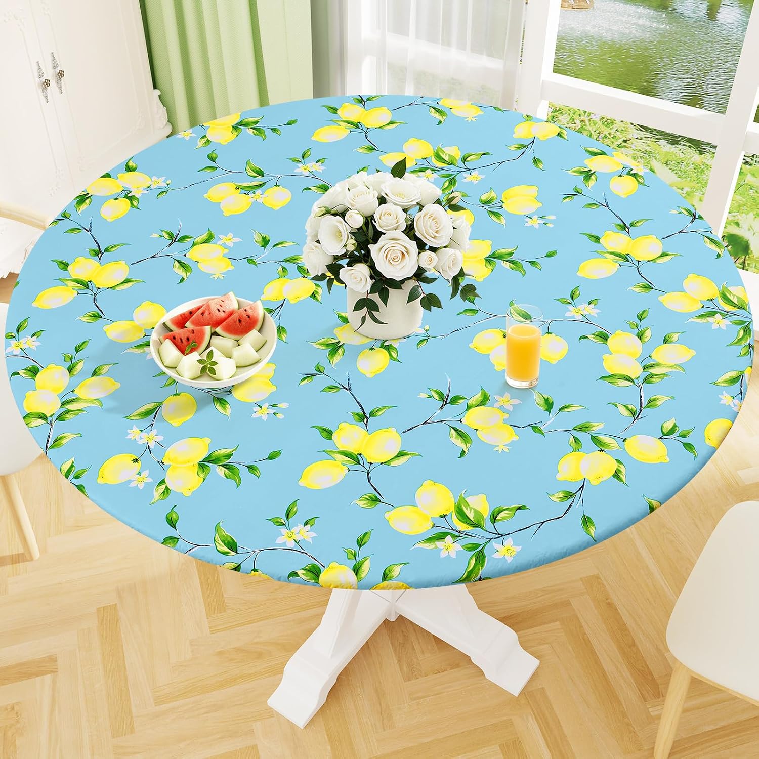 Smiry Round Picnic Tablecloth, Waterproof Elastic Fitted Table Covers for 45" - 56" Tables, Wipeable Flannel Backed Vinyl Tablecloths for Camping, Indoor, Outdoor, Blue & Yellow