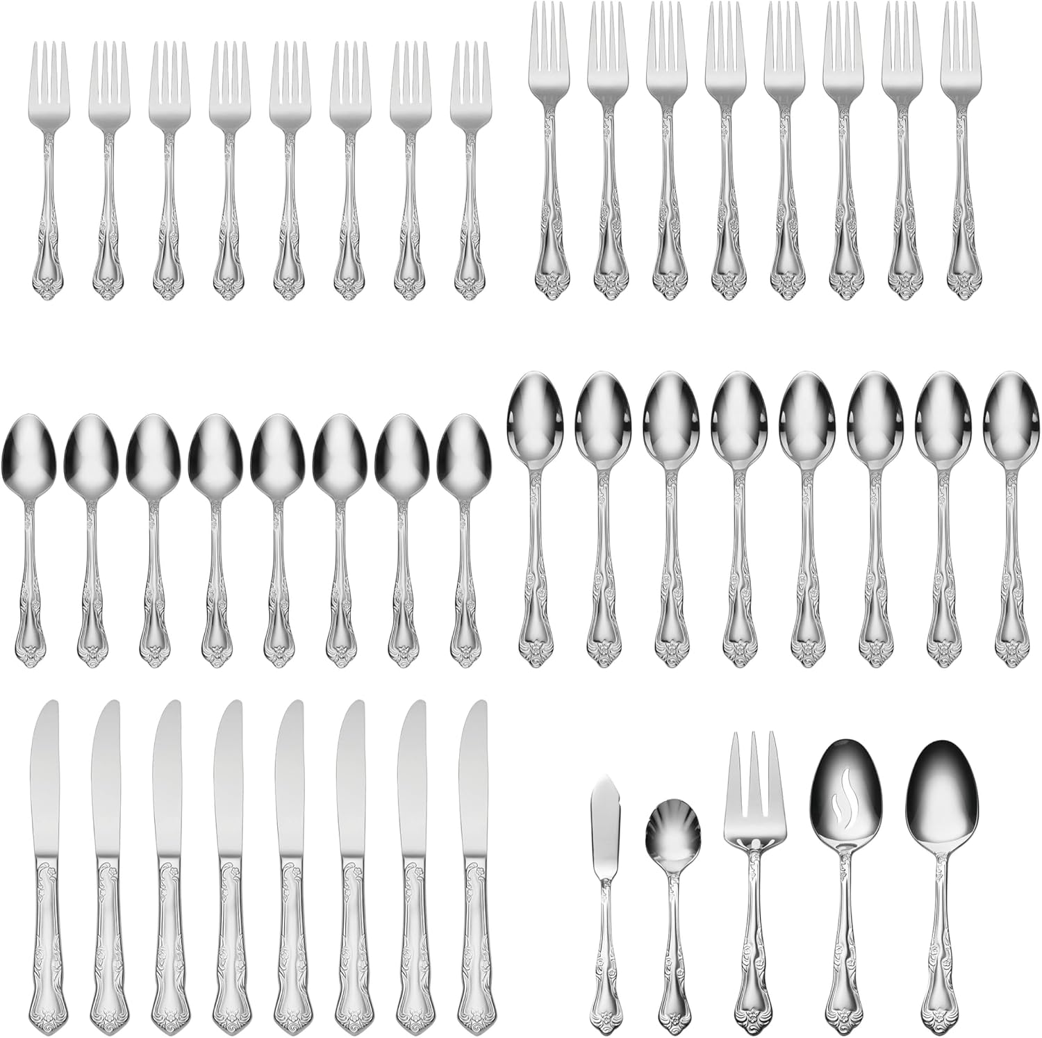 Oneida Silverware Set For 8, Azalea 45-Piece Everyday Flatware Set with Serving Utensils, Floral, Service For 8, 18/0 Stainless Steel, Dishwasher Safe, Knives Spoons And Forks Sets (Silver, 45 Pieces) - Image 2