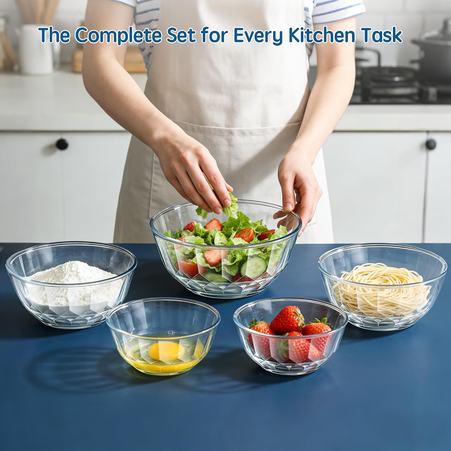 ENVTEK Thick Glass Mixing Bowls with Airtight Lids Set, 5-Piece Nesting Bowls for Baking & Meal Prep, BPA Free, Dishwasher Safe, 0.5/0.8/1.6/2.7/4.4 Quart - Blue - Image 2