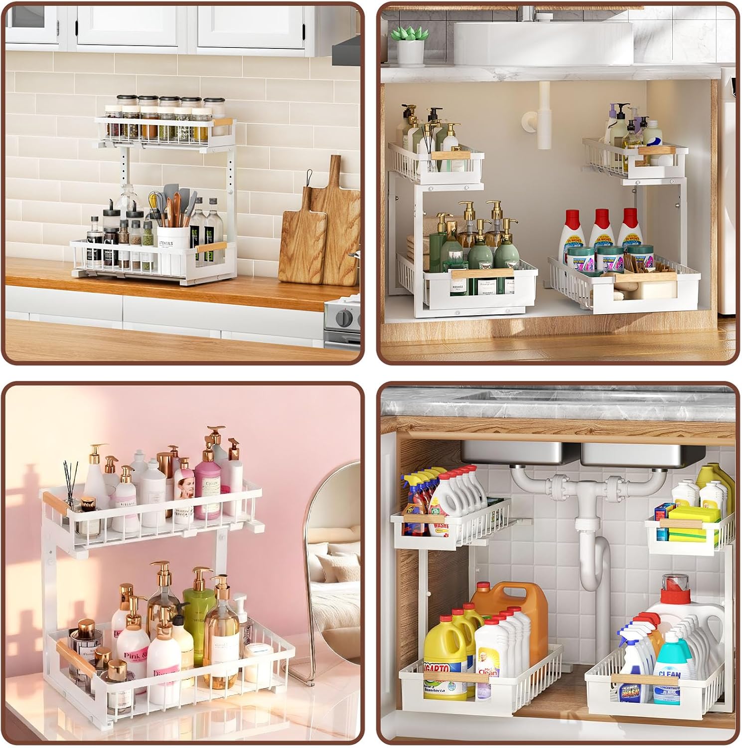 2 Pack Under Sink Organizer, 2 Tier Pull Out Cabinet Organizer with 5-Level Adjustable Height, Sliding Metal Storage Rack for Kitchen Bathroom Pantry, White - Image 6