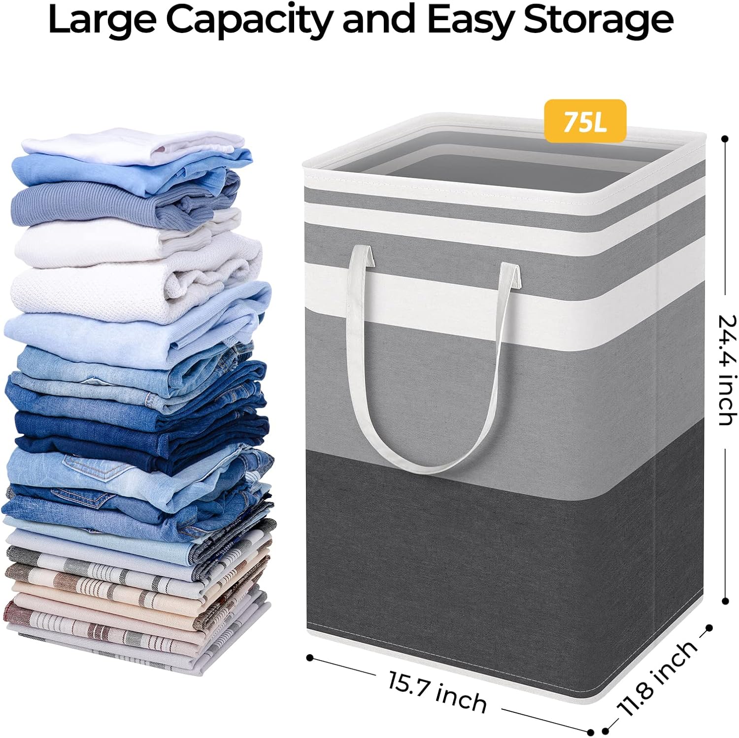 HomeHacks 2 Pack Large Laundry Baskets, Waterproof, Freestanding Laundry Hampers, Collapsible Clothes Hamper with Reinforced Handles in Laundry, College Dorm, Bathroom, Bedroom (Grey+Blue, 75Lx2) - Image 4