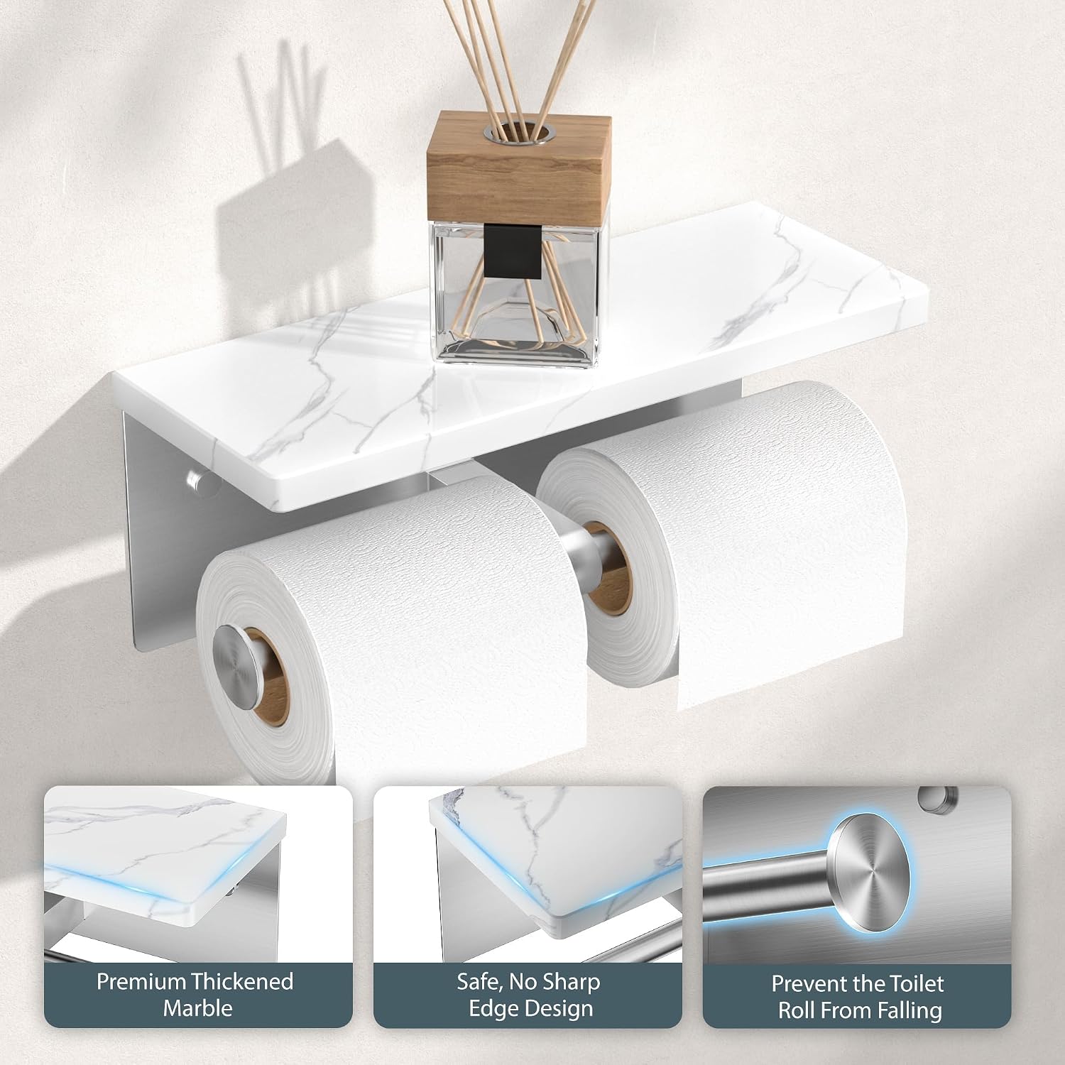 FORIOUS Toilet Paper Holder with Shelf, Marble Wall Mount Tissue Roll Holder for Bathroom, Washroom, 304 Stainless Steel Double Commercial Toilet Tissue Dispensers with Phone Shelf, Brushed Nickel - Image 3