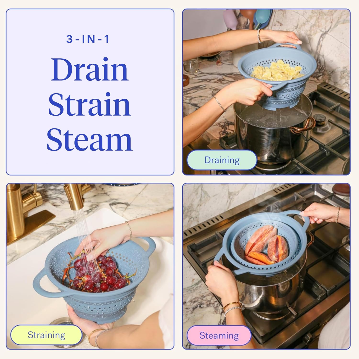 GIR Collapsible Colander for Kitchen, Silicone Strainer and Steamer, BPA-Free, Heat-Resistant, Space-Saving Collapsible Strainer with Stainless Steel Rim, Dishwasher Safe - Slate - Image 3