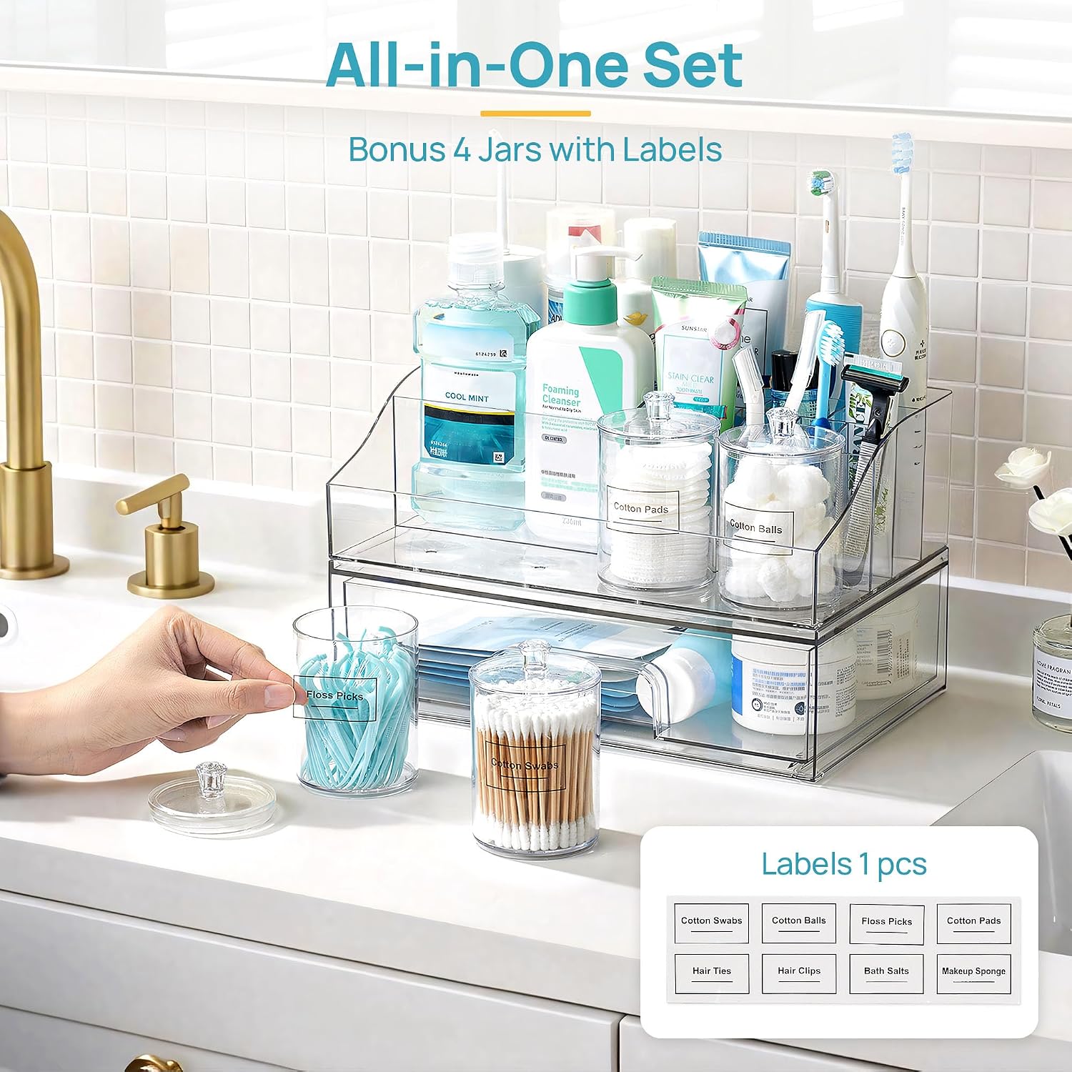 Vtopmart 6 PCS Bathroom Countertop Organizer, 1 Divided Tray with 4 Qtip Holder Jars and 1 Drawers, Restroom Clear Organizers for Toothbrush, Cotton Pads, Vanity Accessories Storage Set - Image 2