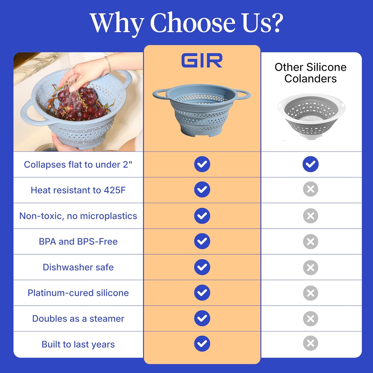 GIR Collapsible Colander for Kitchen, Silicone Strainer and Steamer, BPA-Free, Heat-Resistant, Space-Saving Collapsible Strainer with Stainless Steel Rim, Dishwasher Safe - Slate - Image 8