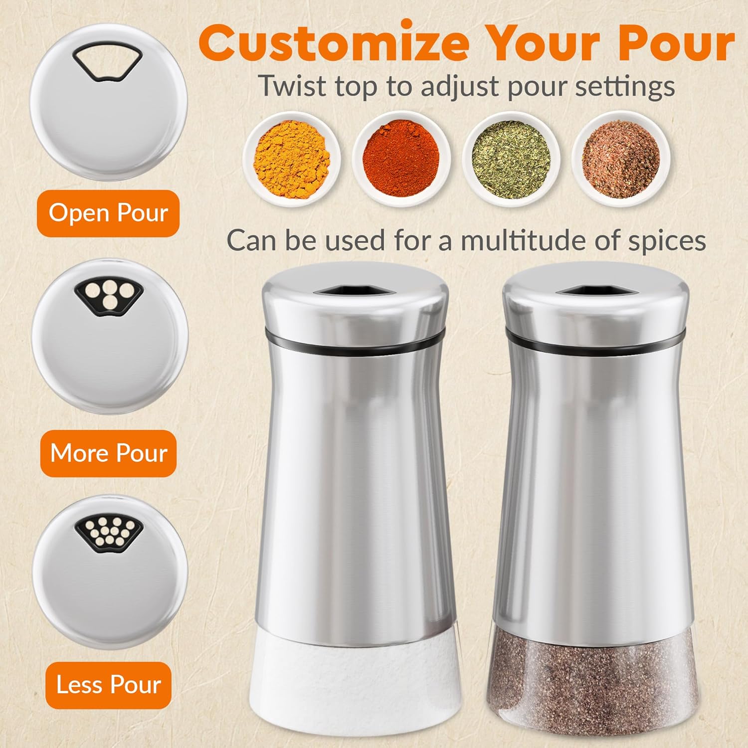 HOME EC Original Salt and Pepper Shakers Set with Adjustable Pour Holes - Glass and Stainless Steel Salt Shaker and Pepper Shaker - Farmhouse Spice dispenser for salts, ground peppercorn and spices - Image 2
