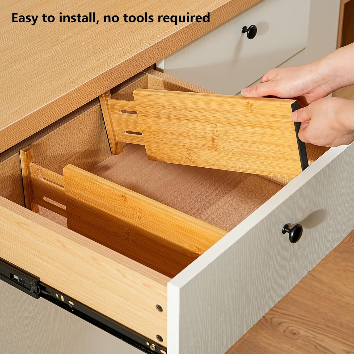 Fabsome Dresser Drawer Organizers 6 Pack, 4.65'' High Adjustable from 12.5-17‘’ Bamboo Drawer Dividers for Clothing Baby Clothes, Wooden Separators for Dresser Nursery Organization with Soft Foam Ends - Image 9
