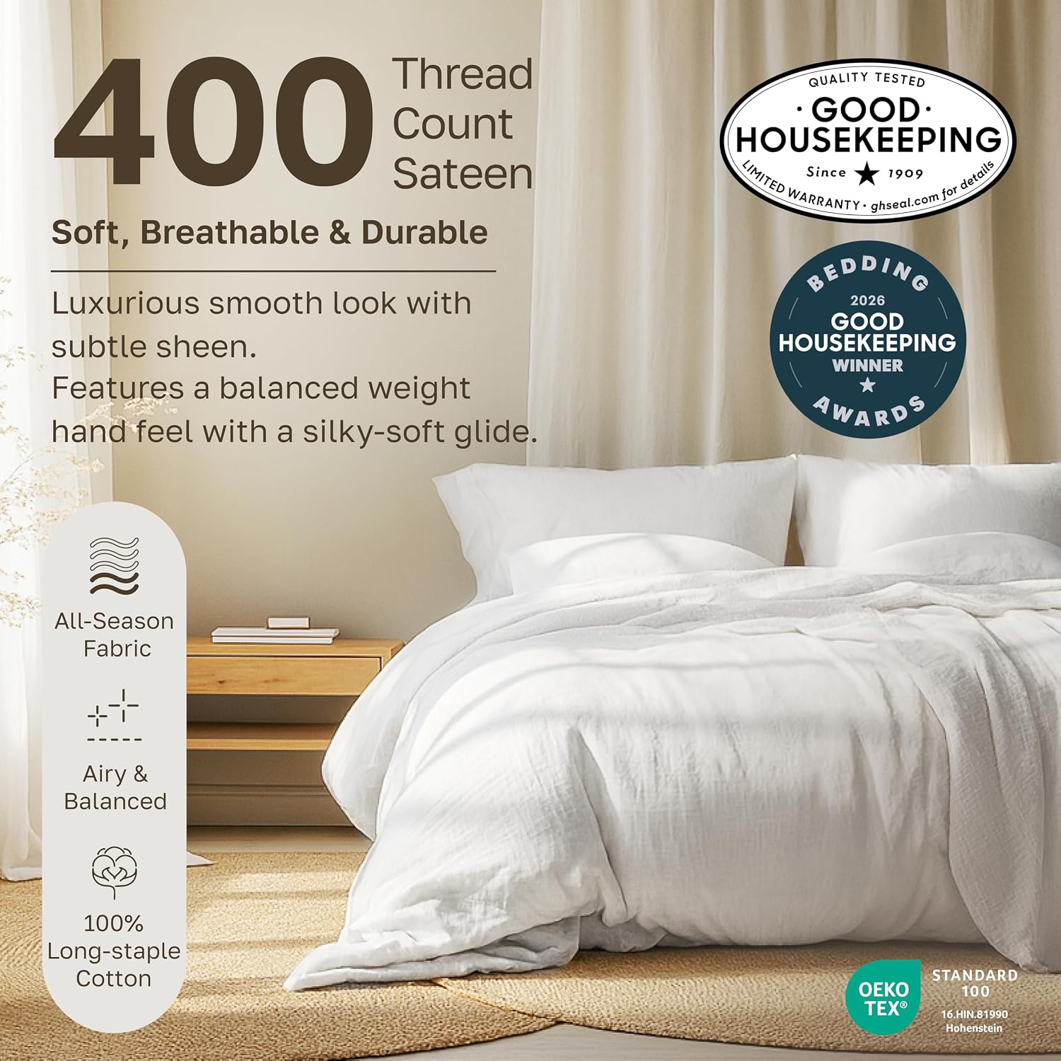 California Design Den Soft 100% Cotton Queen Sheet Set, 400 Thread Count Good Housekeeping Award Winner, Silky Smooth Sateen Weave with Deep Pockets, Breathable and Durable Cotton Bedding Set - White - Image 3
