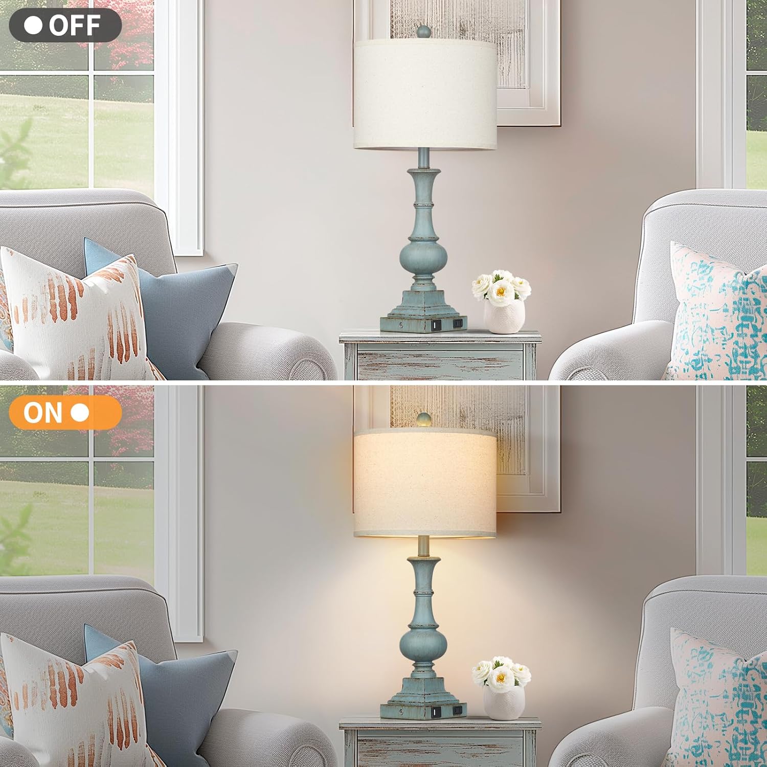 Farmhouse Table Lamps Set of 2, 26" Vintage Rustic Touch Control 3-Way Dimmable Bedside Lamp with USB A+C Ports & AC Outlet, Blue Nightstand Lamp for Living Room Bedroom End Table(LED Bulbs Included) - Image 6
