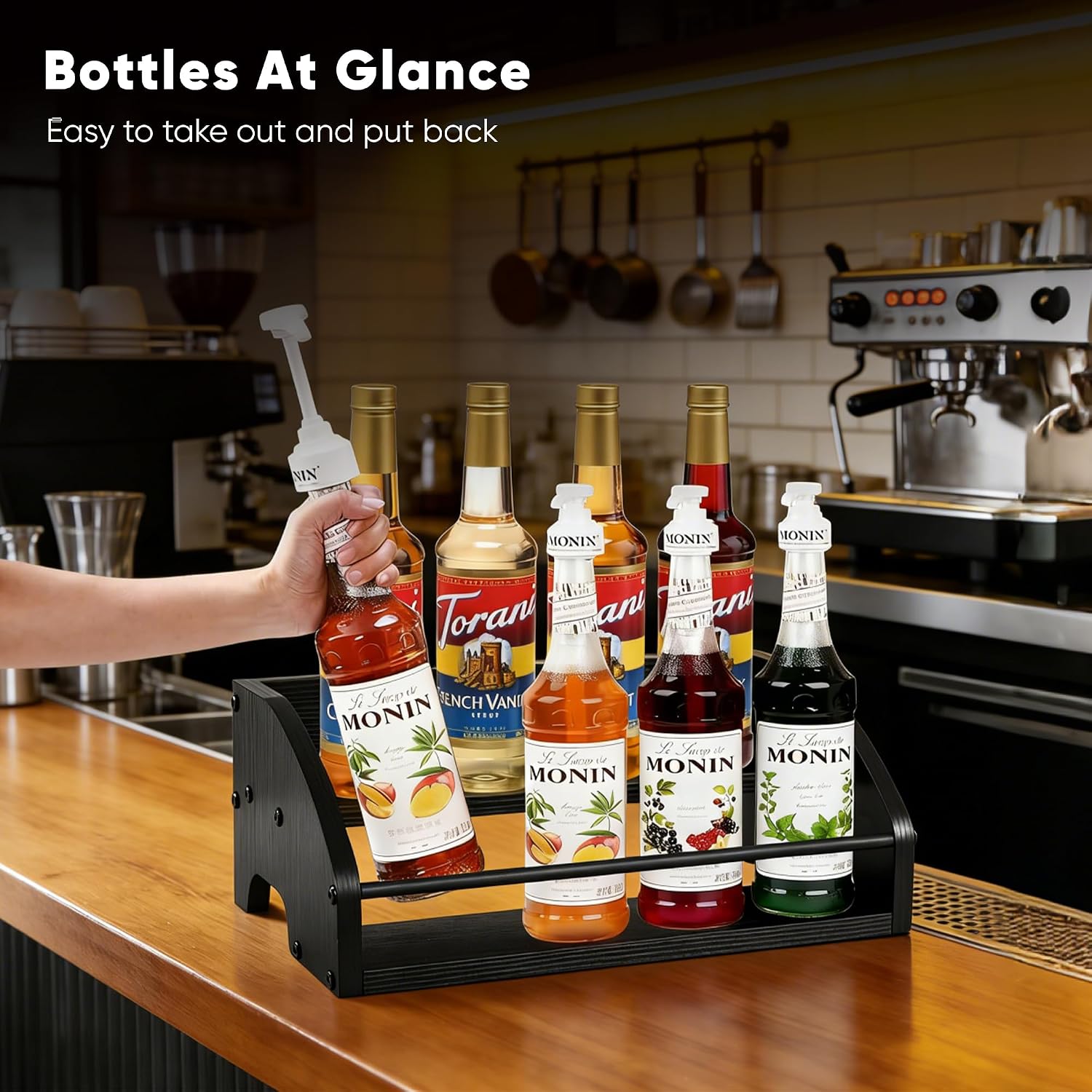 Mini Coffee Syrup Rack, 2-Tier | Syrup Bottles Holder, Liquor Bottle Display Shelf, Rustic Wooden Countertop Organizer, For Coffee Bar, Spirits, Tea - Image 3
