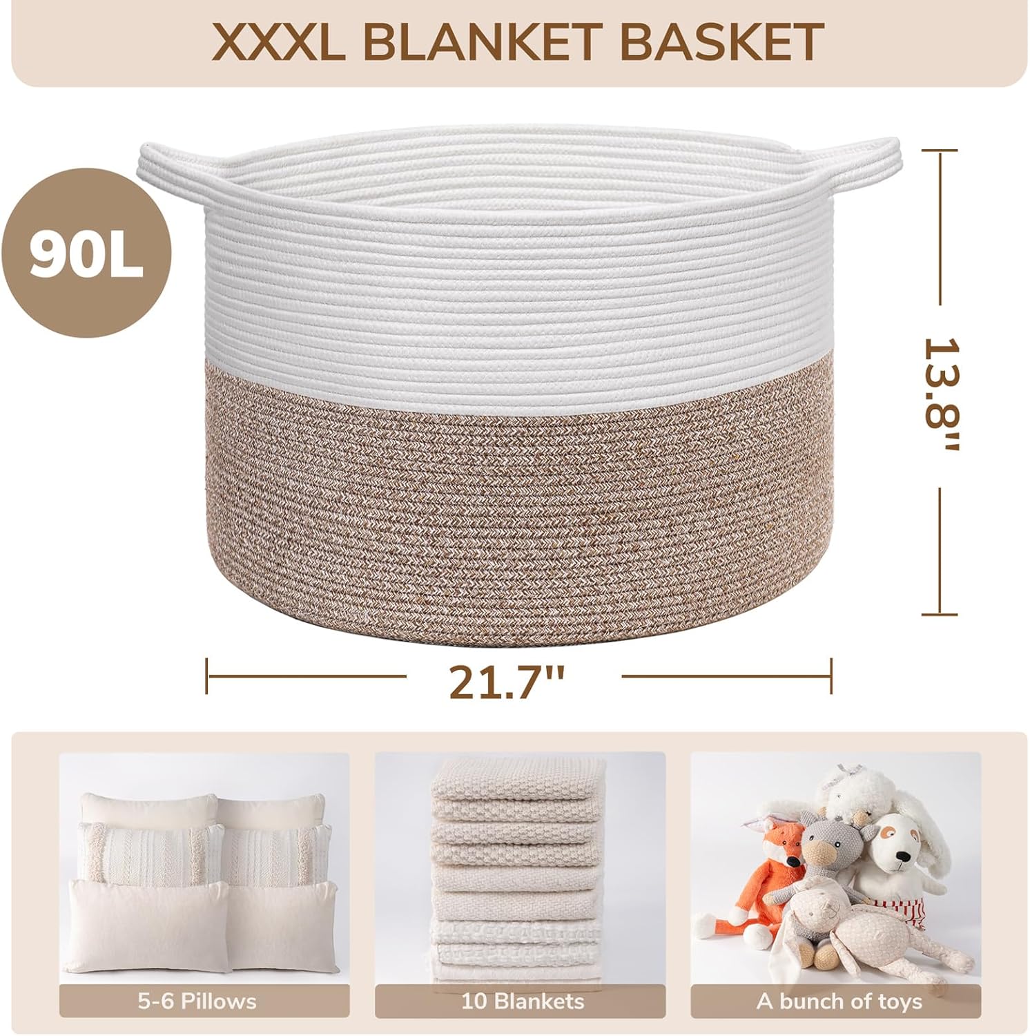 INDRESSME XXXLarge Blanket Basket for Living Room 21.7" x 21.7" x 13.8"-Storage Basket with Handle for Organizing Toy Pillows Woven Cotton Rope Laundry Basket Stuffed Animal Toy Storage for Play Room - Image 7