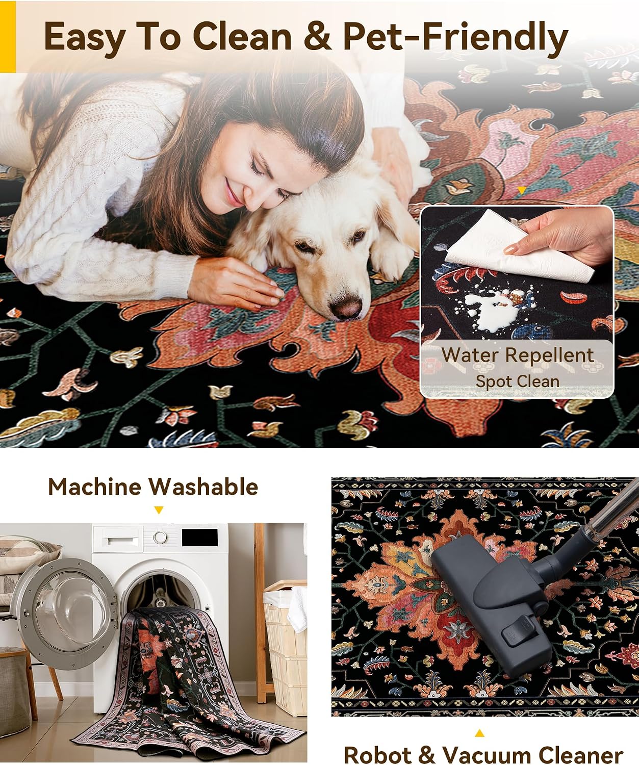 RELEANY Area Rugs Large 10'x12' Washable Non-Slip, Floral Vintage Distress Medallion Carpet for Living Room Bedroom Dining Room, Black Colorful Floral Dark Tan - Image 5